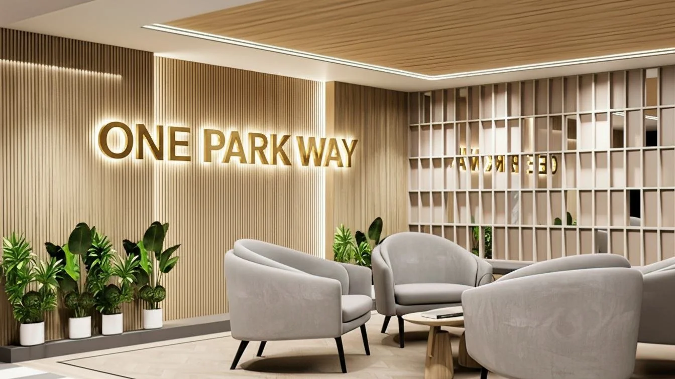 One Park Way reception with backlit logo