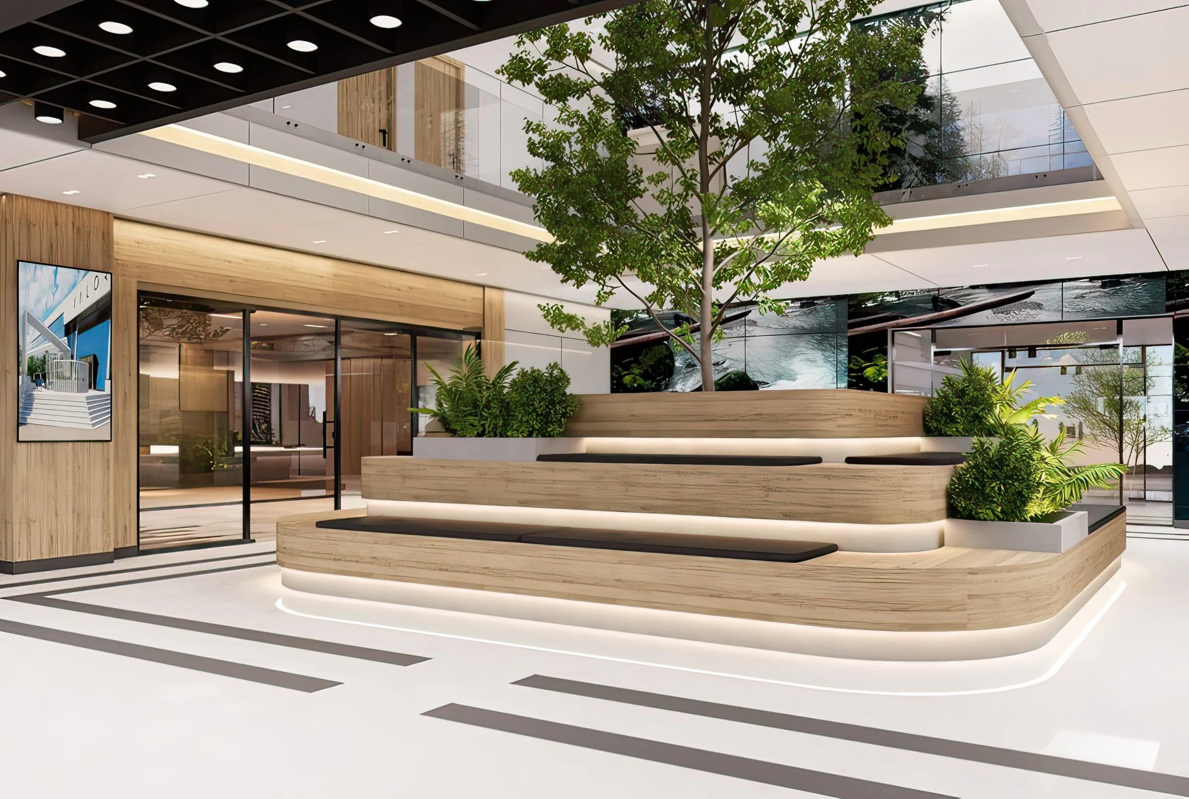 One Park Way atrium with central tree and tiered seating