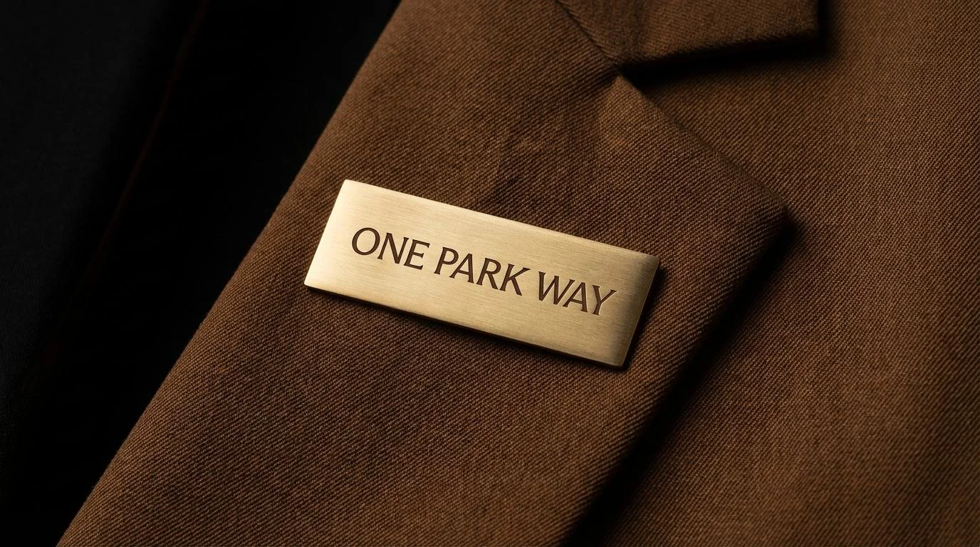 One Park Way brass lapel pin