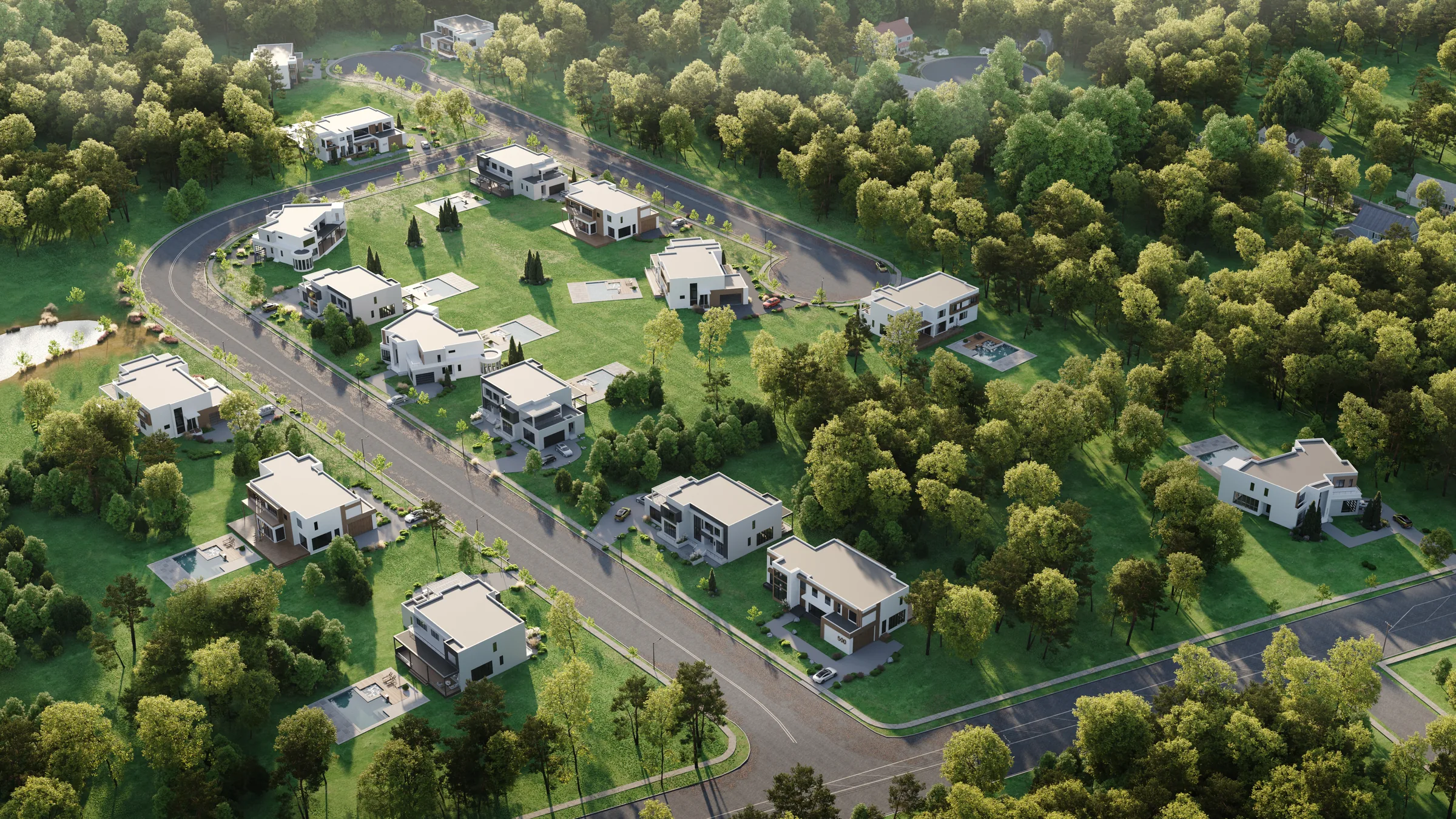 Aerial rendering of Palm Estates community, modern homes set among pine forest