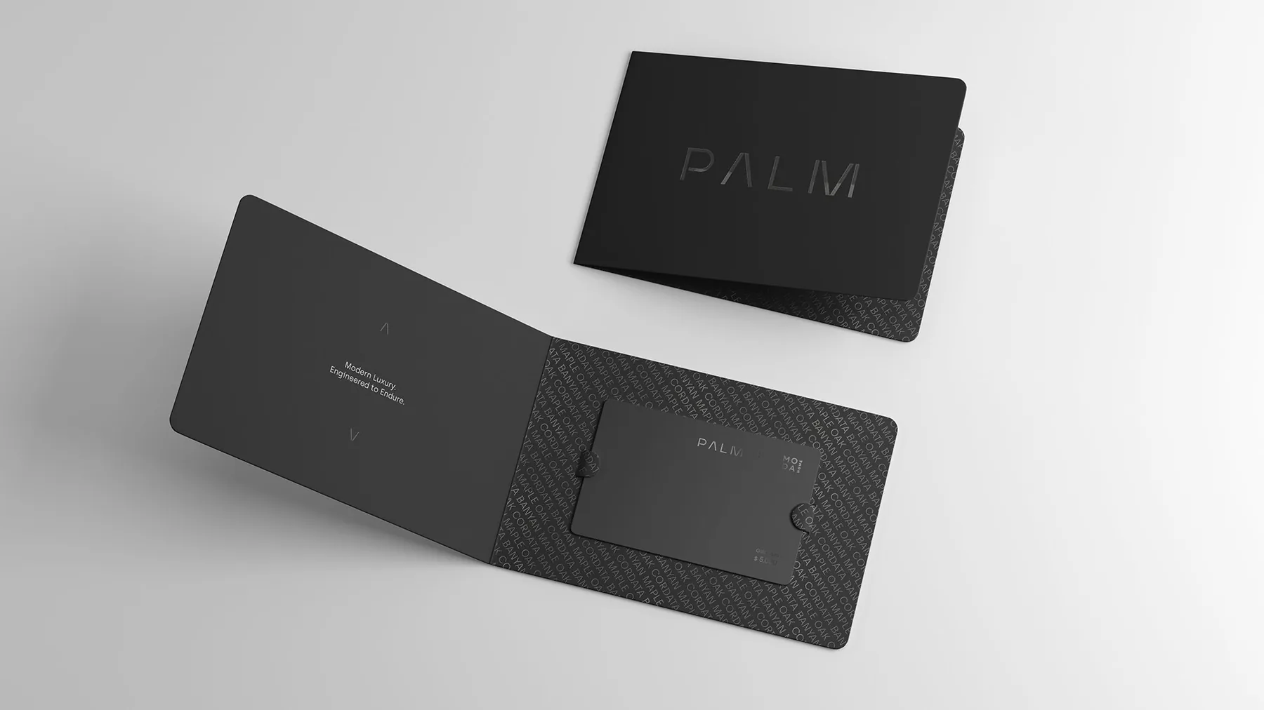 Palm Estates black gift card pack with the wordmark on the cover and a Palm x Moda card slotted inside