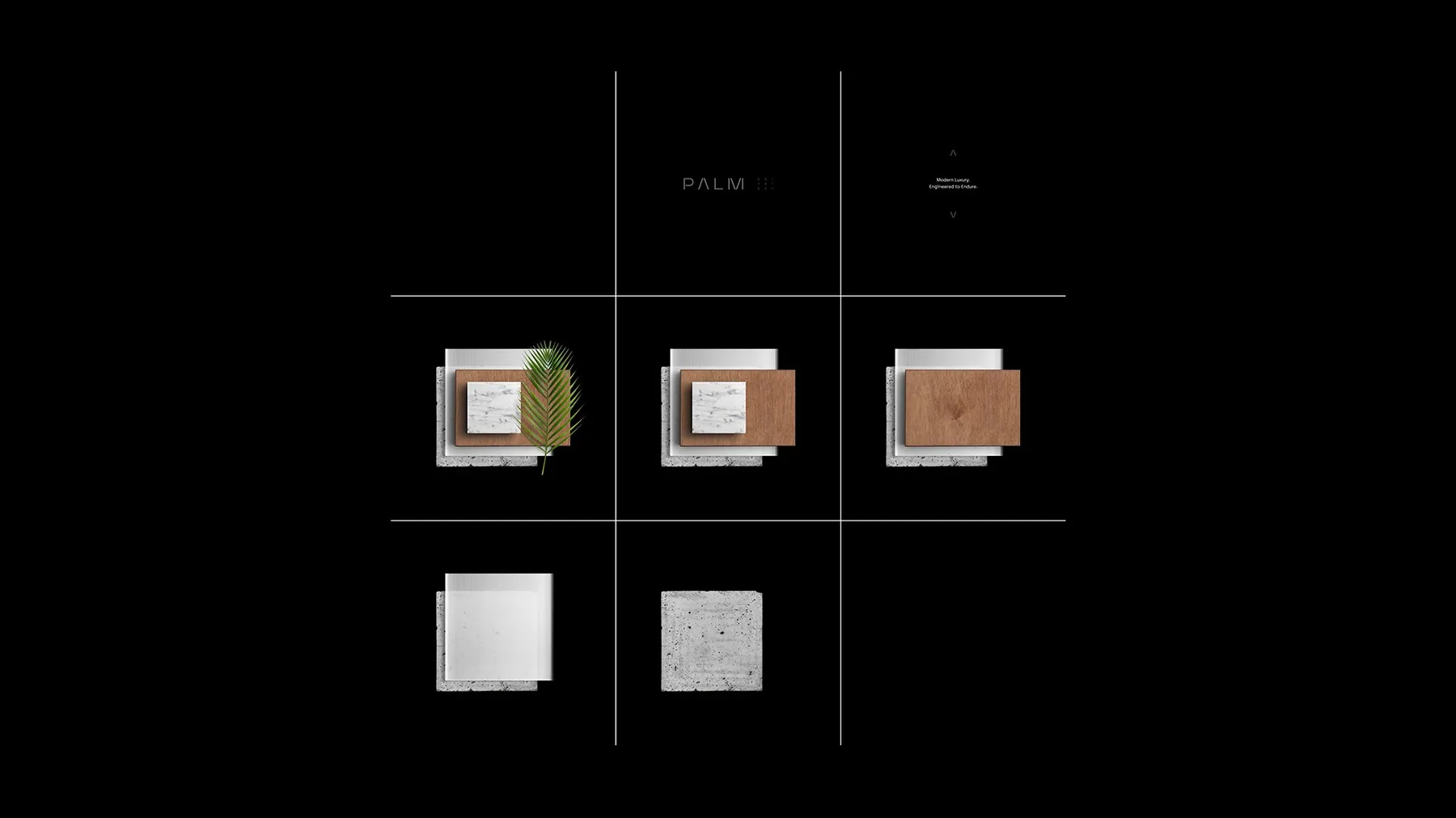 Palm Estates 6-up grid showing the wordmark, tagline, materials composition, and brand layout system