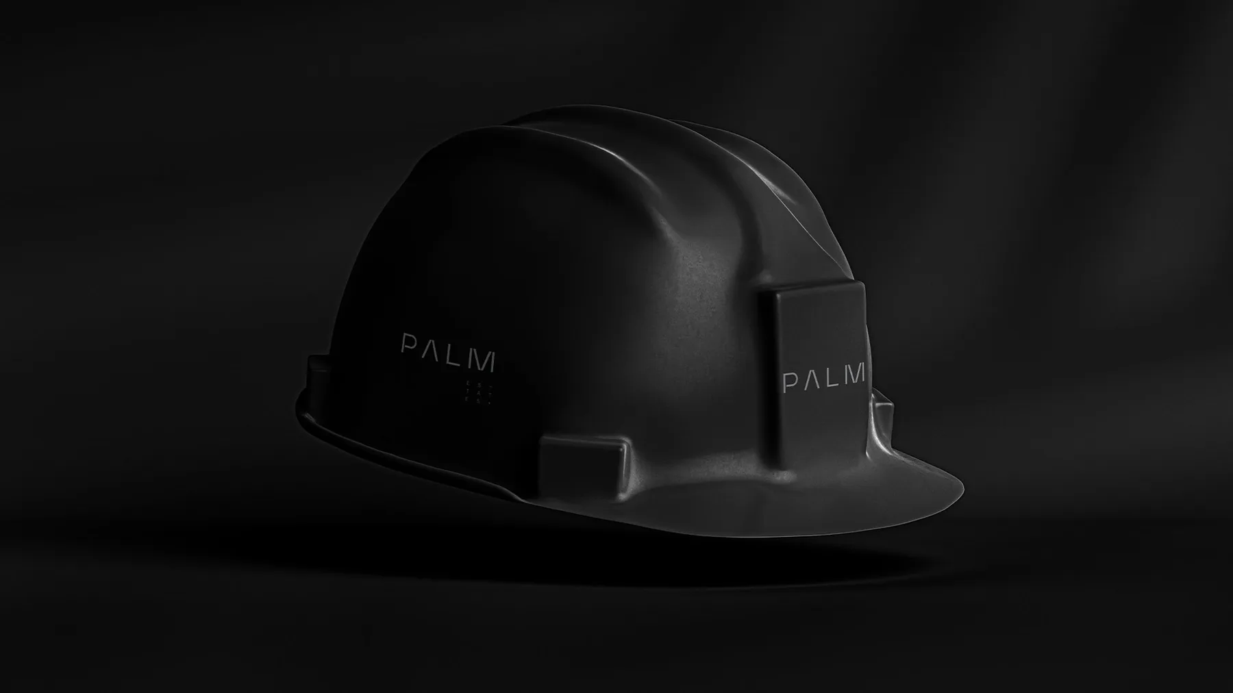 Palm Estates branded black hardhat photographed on black backdrop