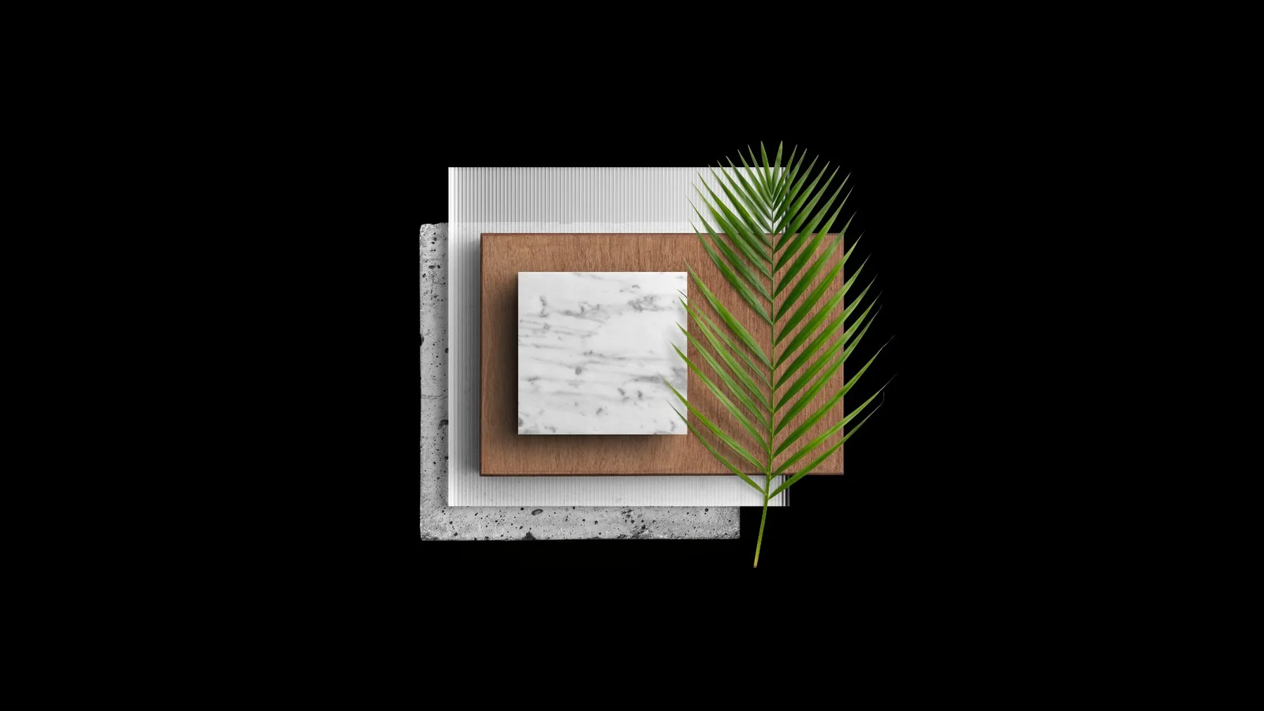 Palm Estates materials hero, palm leaf, marble tile, wood plank, and concrete sample stacked on black