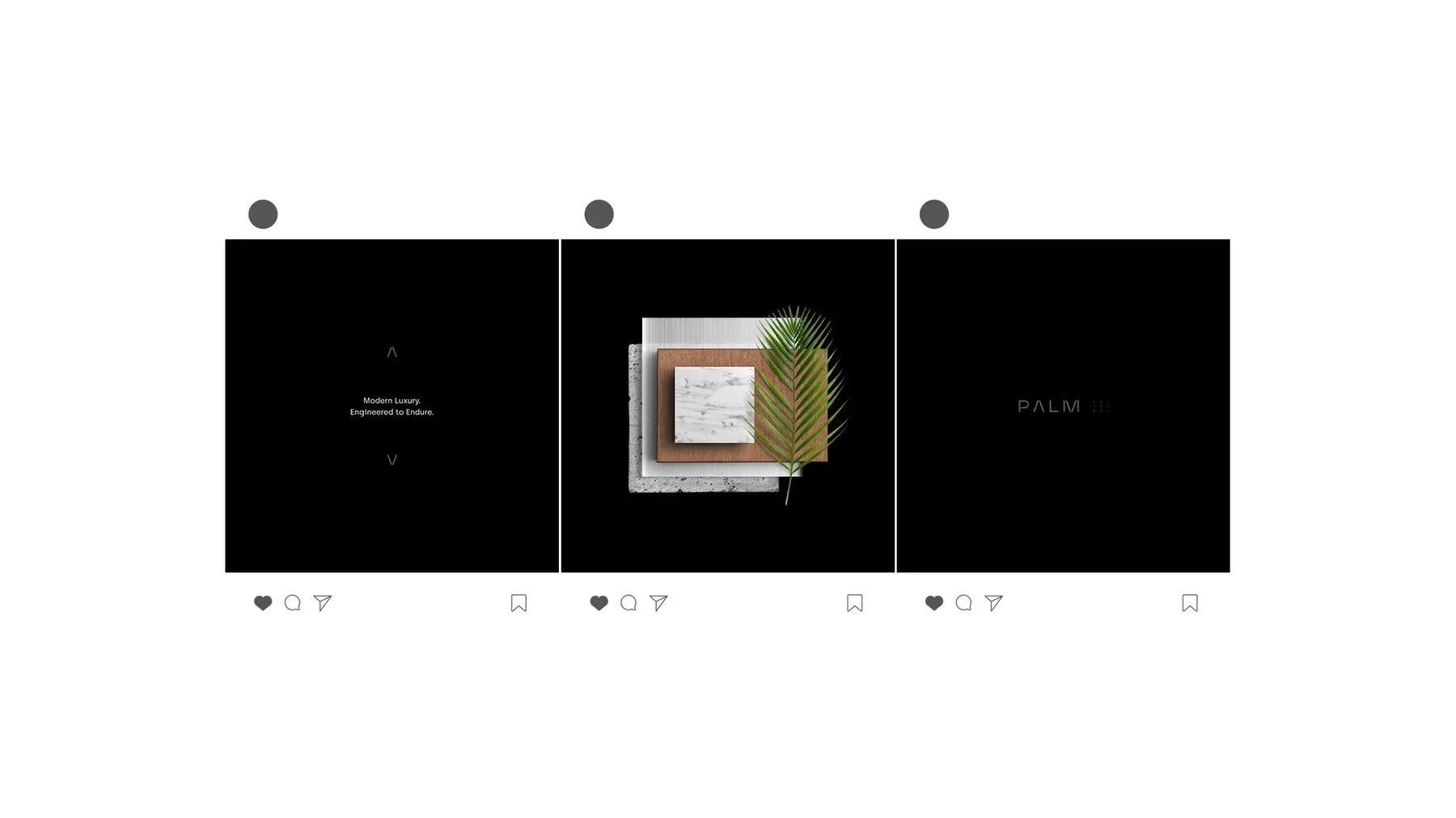 Three Palm Estates Instagram posts in a row, tagline, materials composition, and wordmark