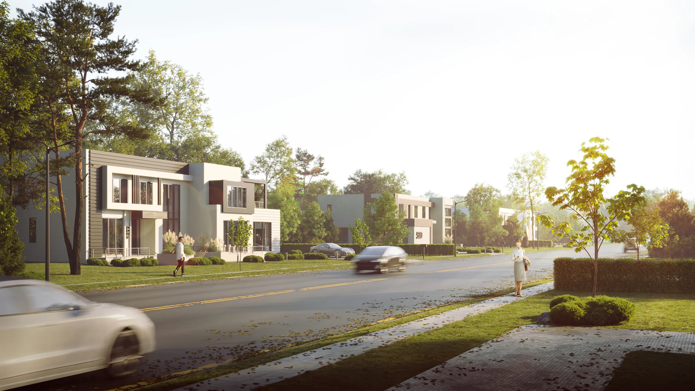 Palm Estates side-street rendering with two model homes in autumn light