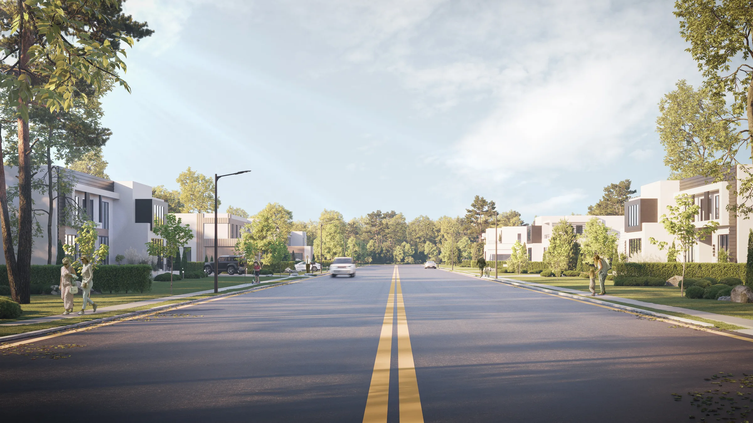 Palm Estates street view rendering with families walking and cars passing
