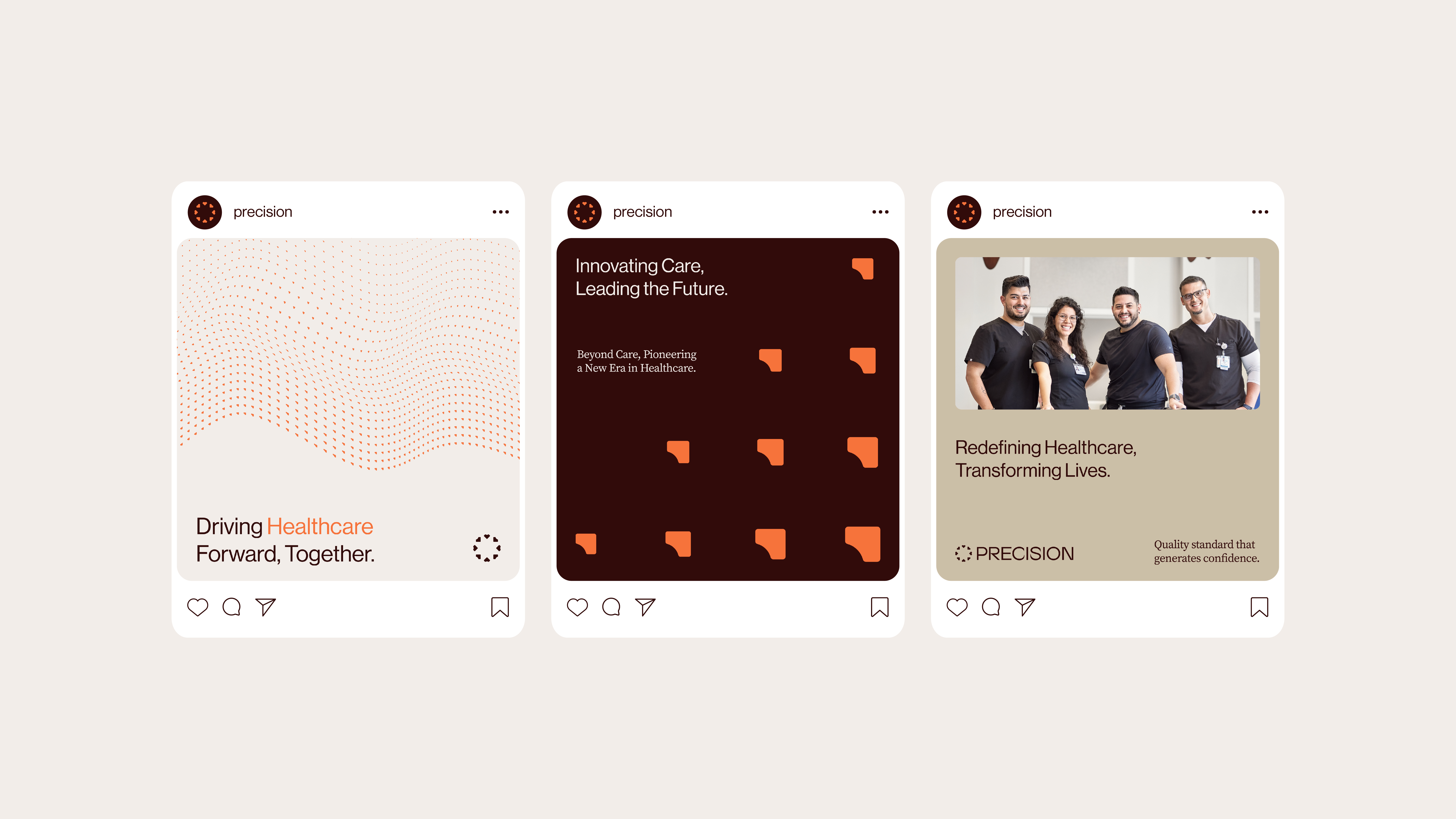Three Precision social posts, including Driving Healthcare Forward, Together and Innovating Care, Leading the Future