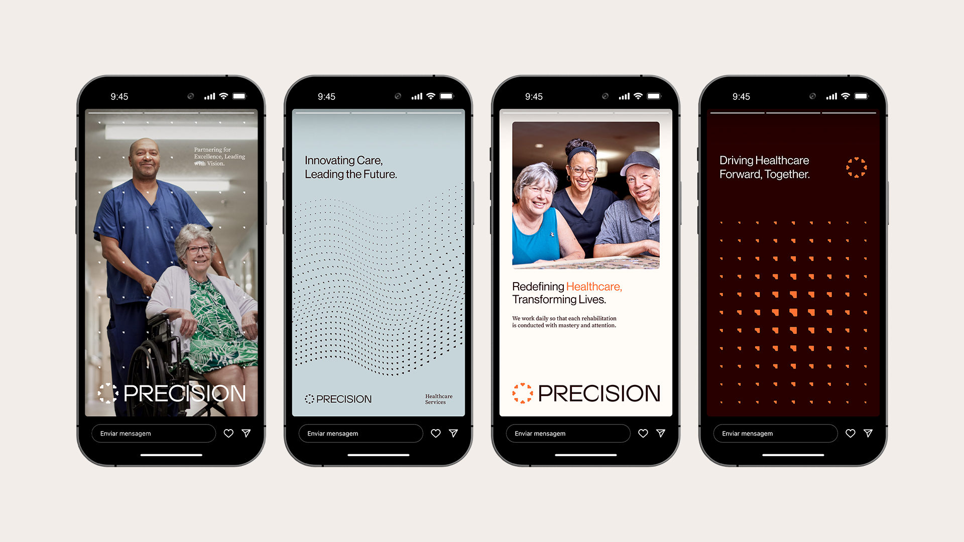 Four phones showing Precision social stories with care photography and the Healthcare Services lockup