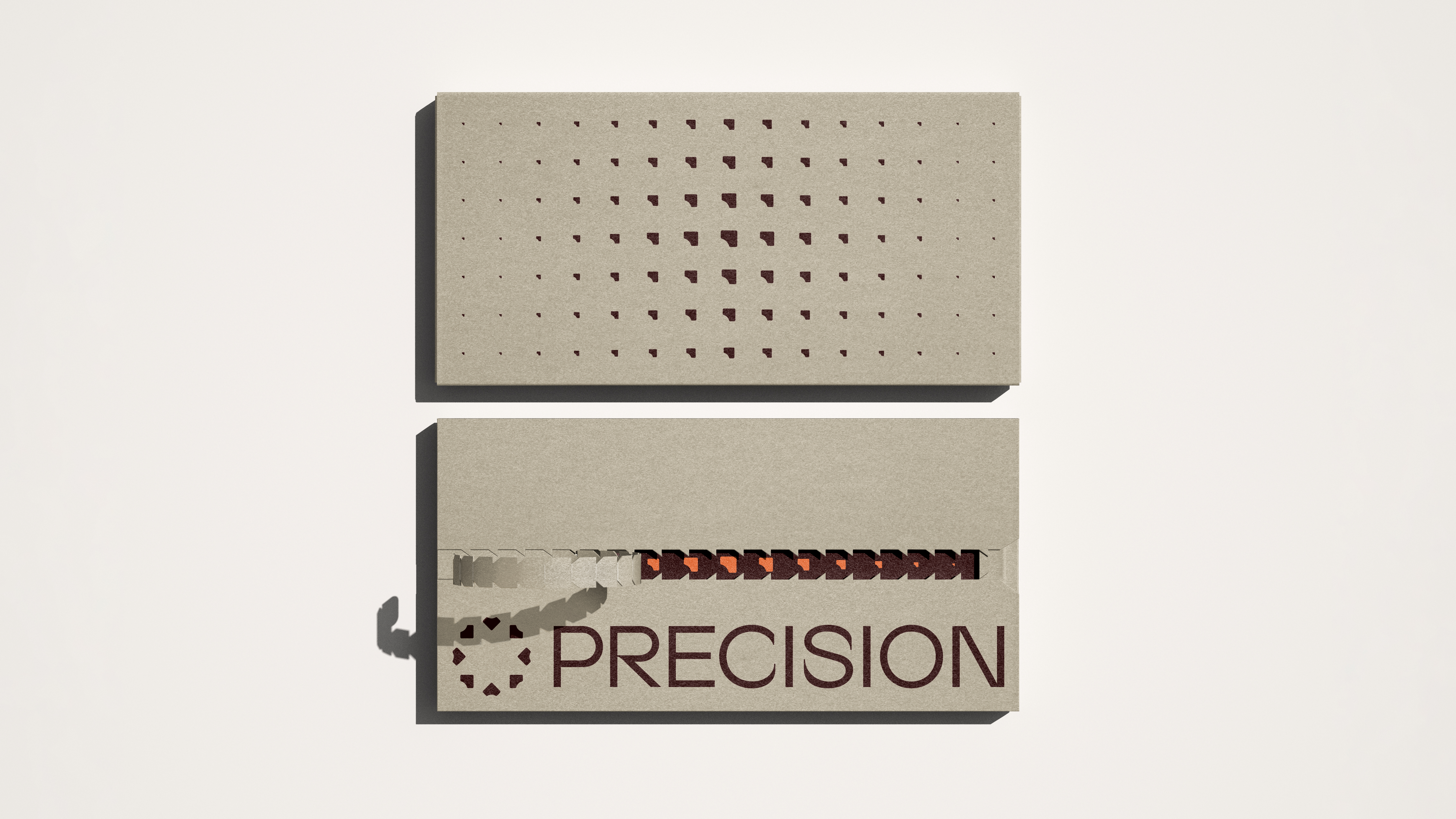 Precision business card in kraft board, front and back, with the die-cut dot pattern