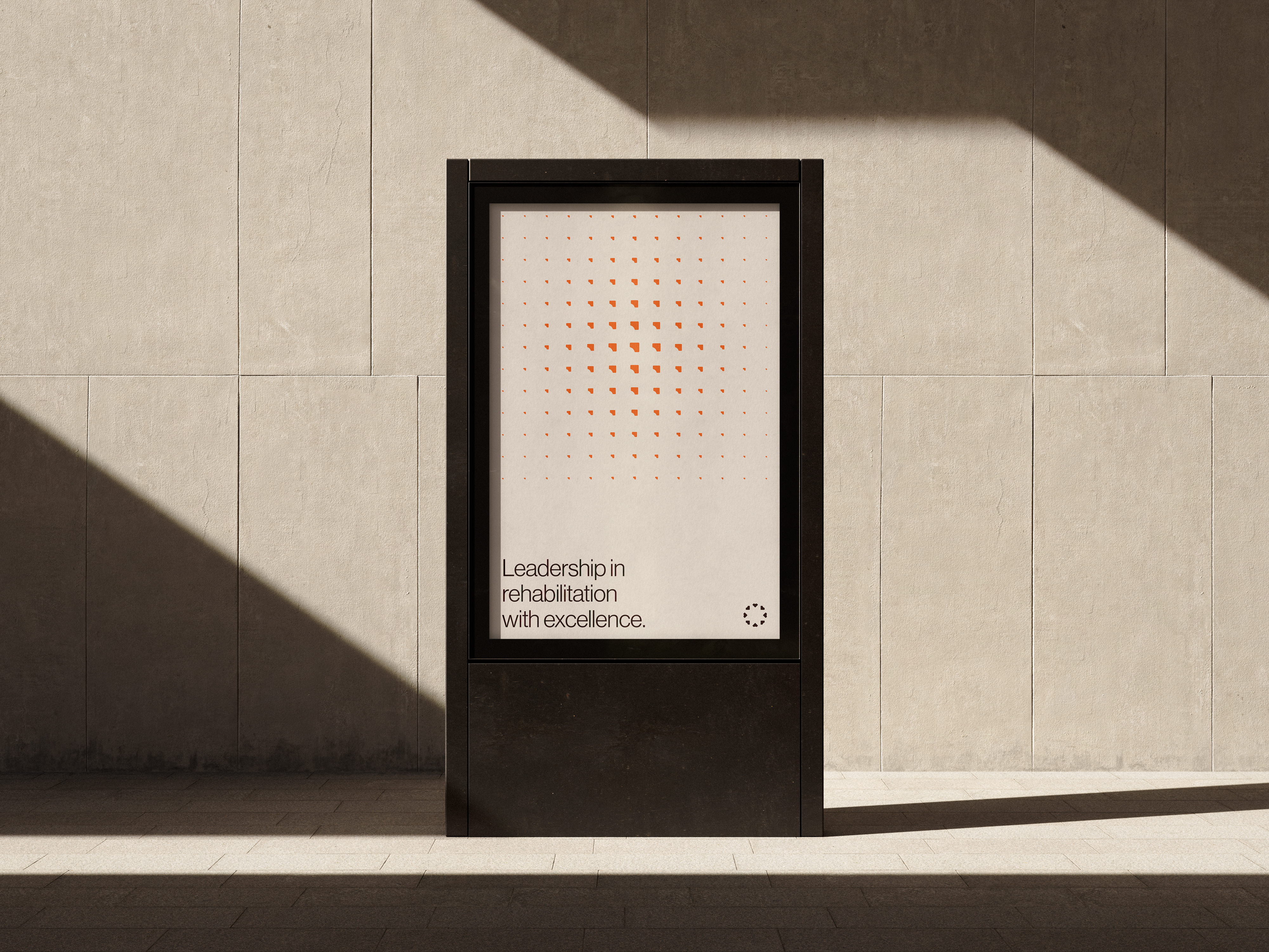 Outdoor poster kiosk with a Precision poster reading Leadership in rehabilitation with excellence