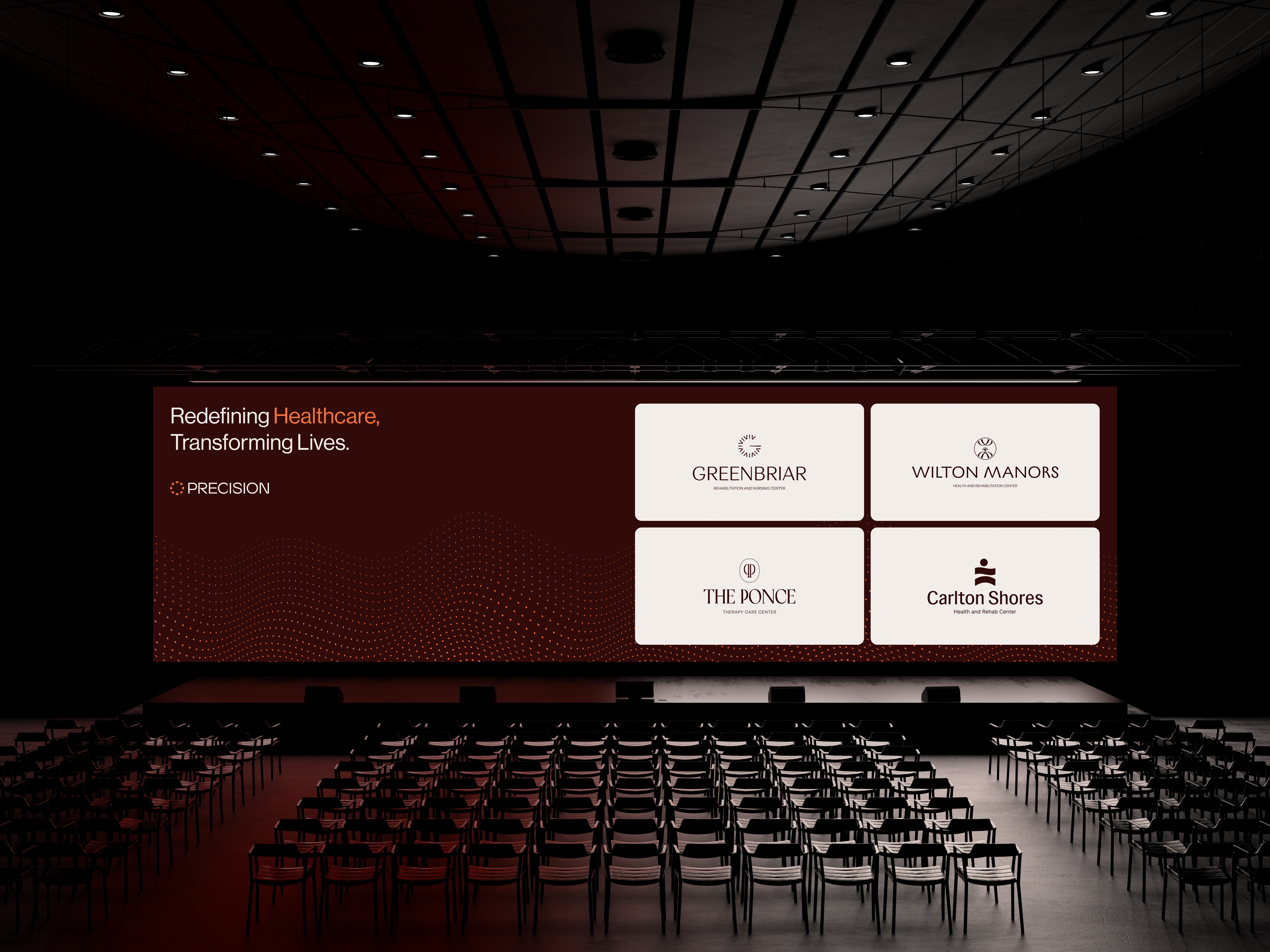 Auditorium screen showing the Precision brand alongside Greenbriar, Wilton Manors, The Ponce, and Carlton Shores