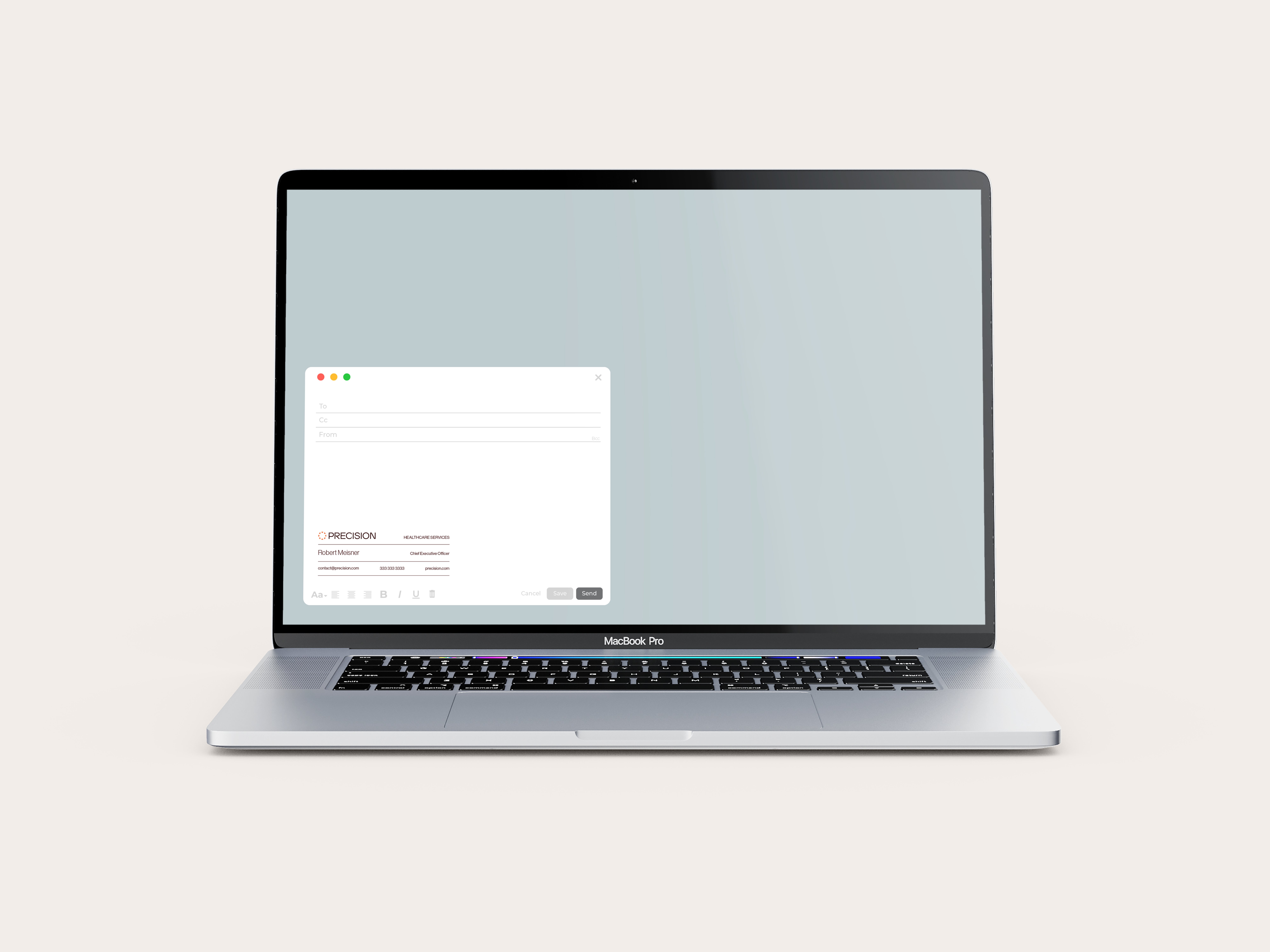 Laptop showing an email compose window with the Precision Healthcare Services signature block
