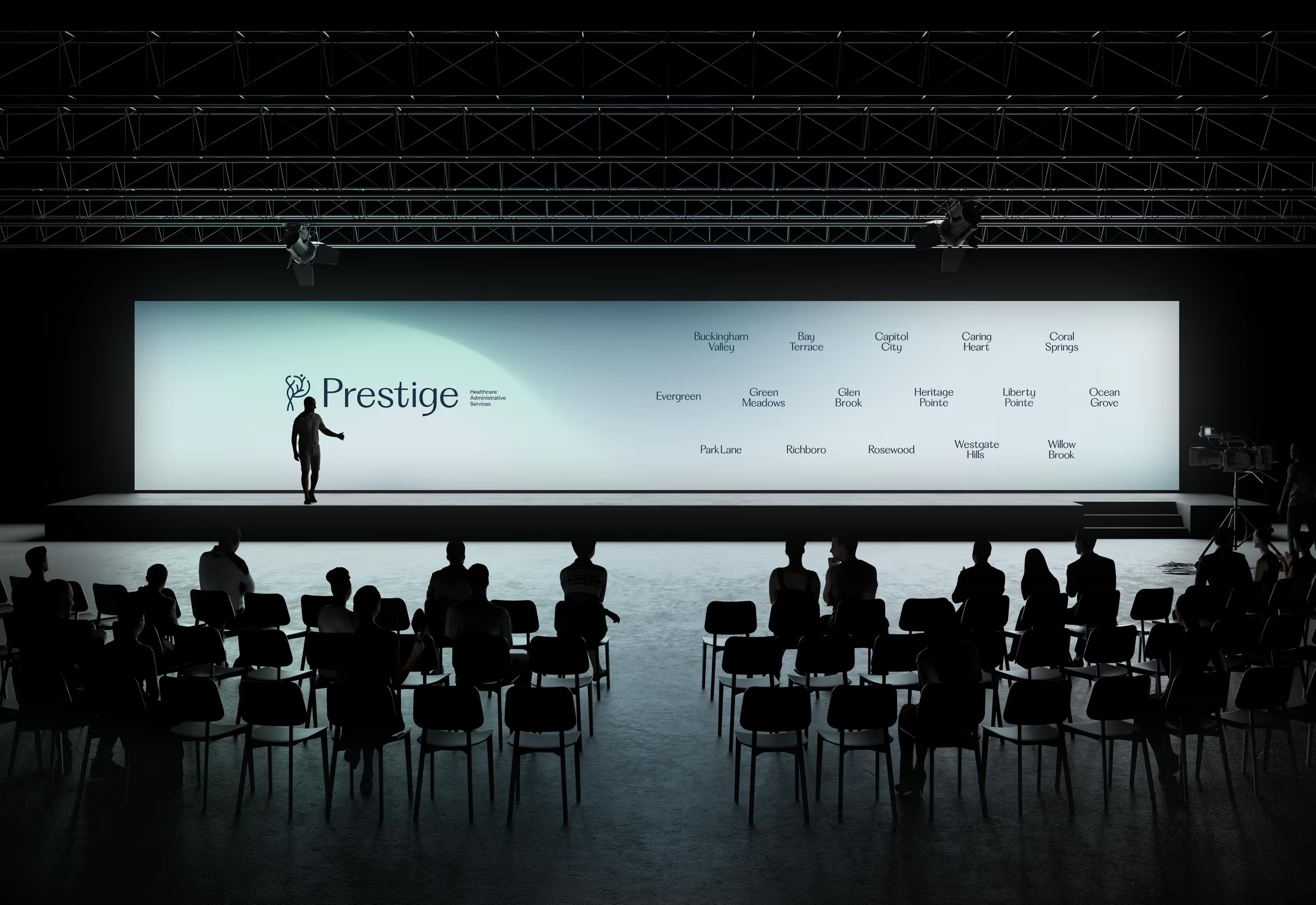Prestige brand reveal – keynote stage with all sixteen facility names