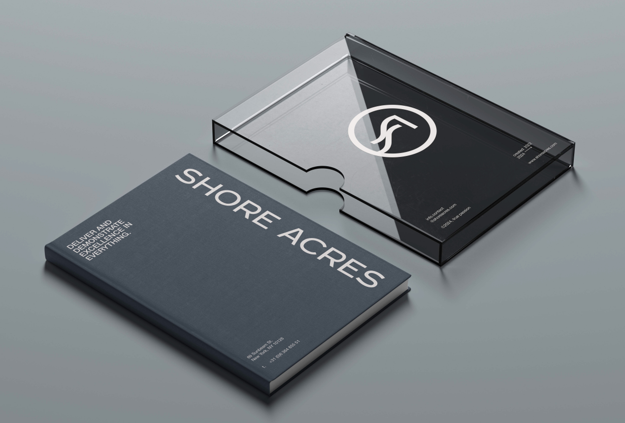 Navy Shore Acres Care Center hardcover book beside a smoked acrylic case with the wave monogram