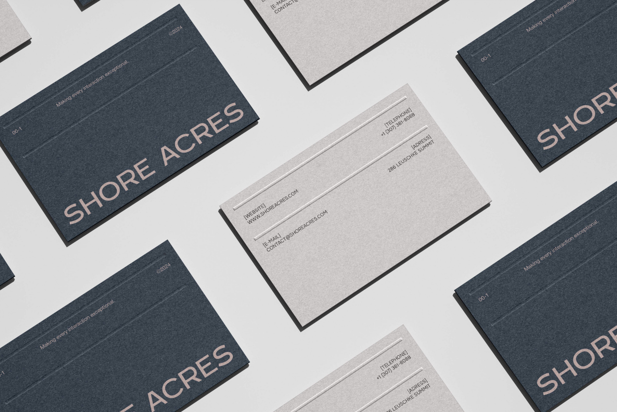 Repeating grid of navy and grey Shore Acres business cards with blush foil type