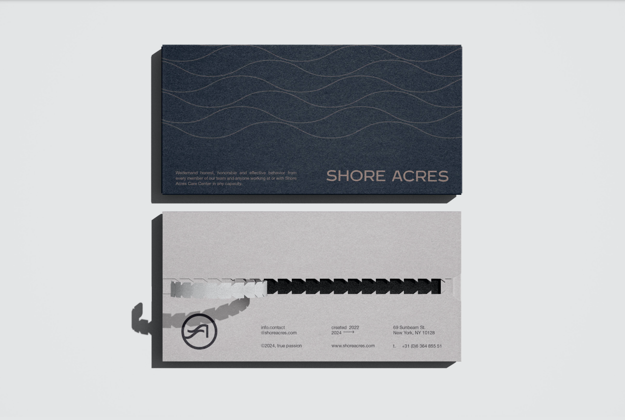 Shore Acres card front and back, one side navy with the wave pattern and one grey with contact details