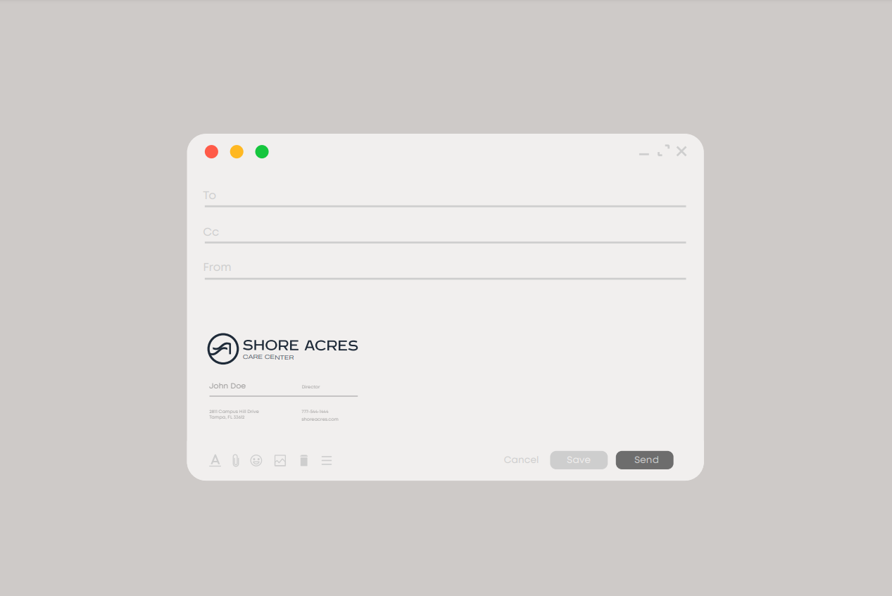 Email compose window showing the Shore Acres Care Center signature block