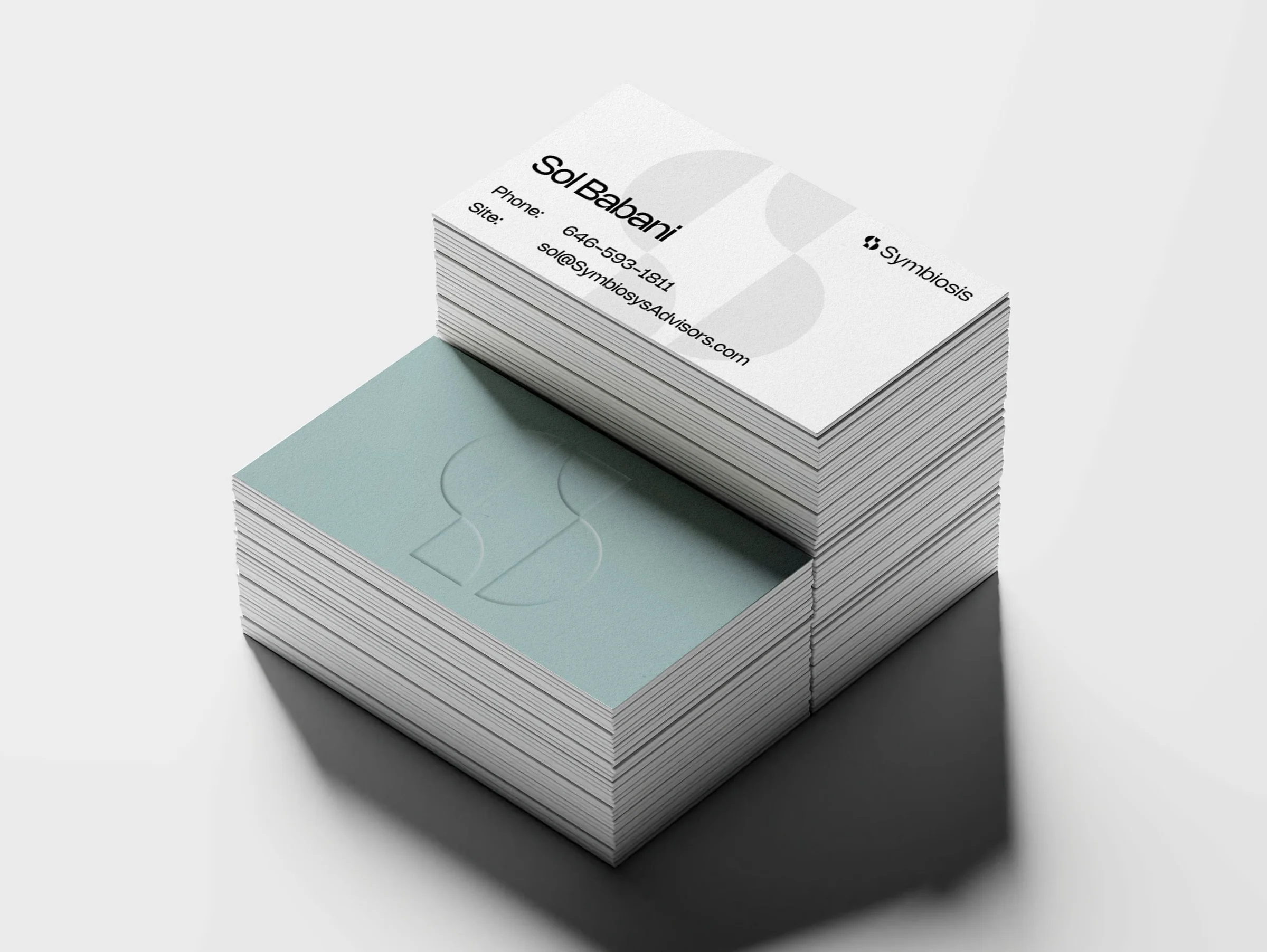 Symbiosis Advisors business cards stack, Sol Babani