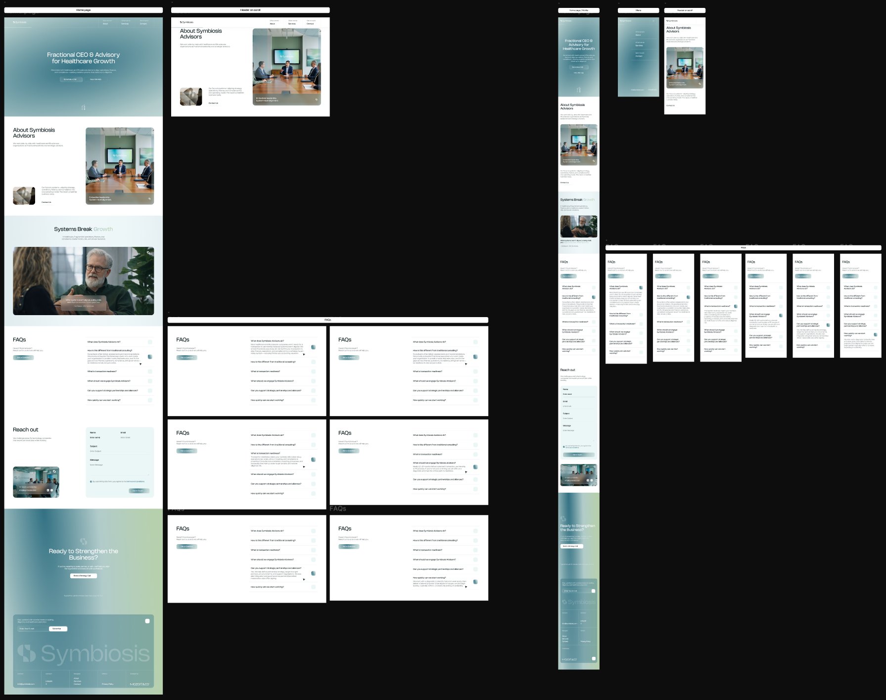 Symbiosis Advisors website design system, desktop, mobile, and component states