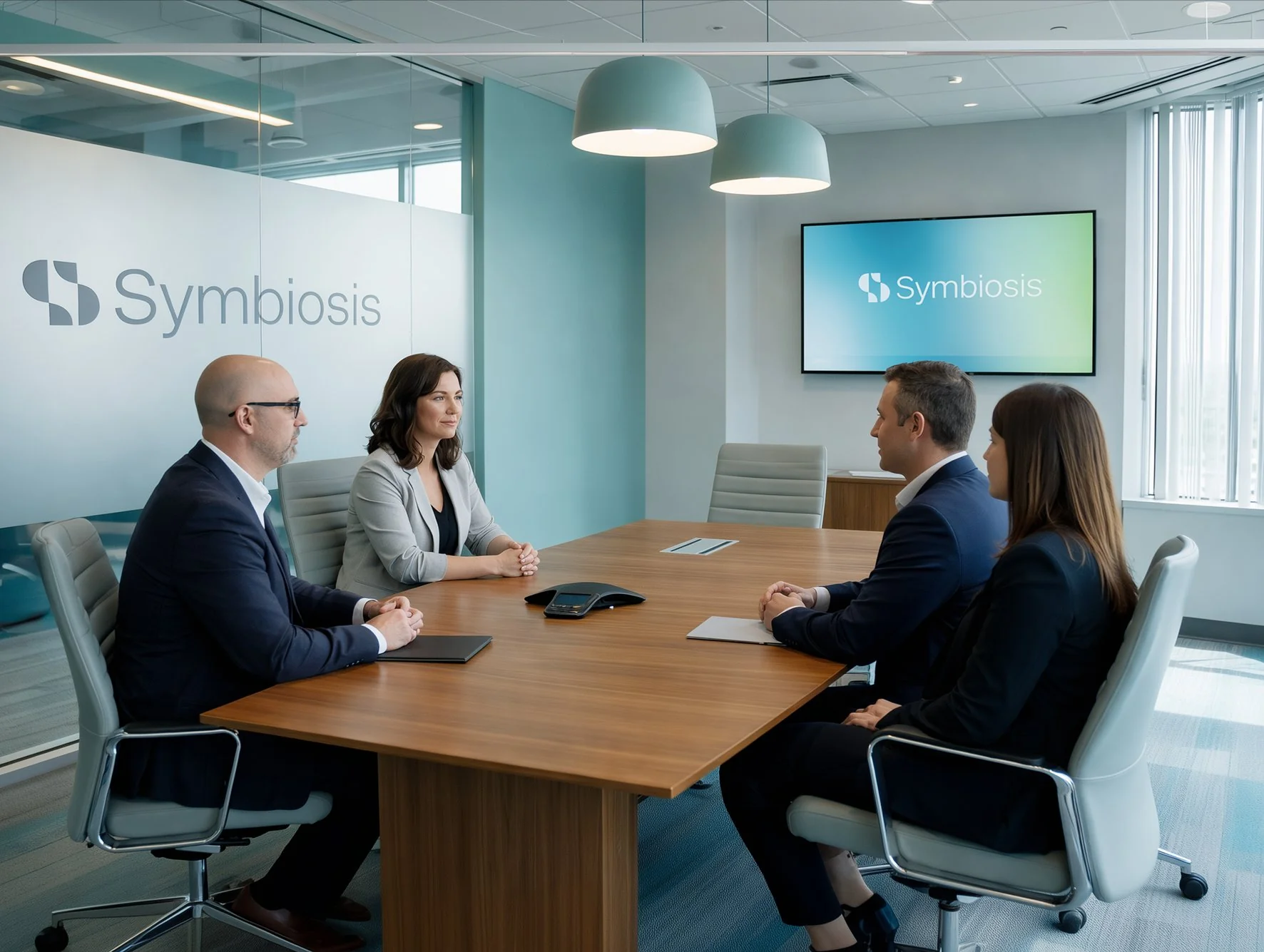Symbiosis Advisors boardroom with branding on glass and screen