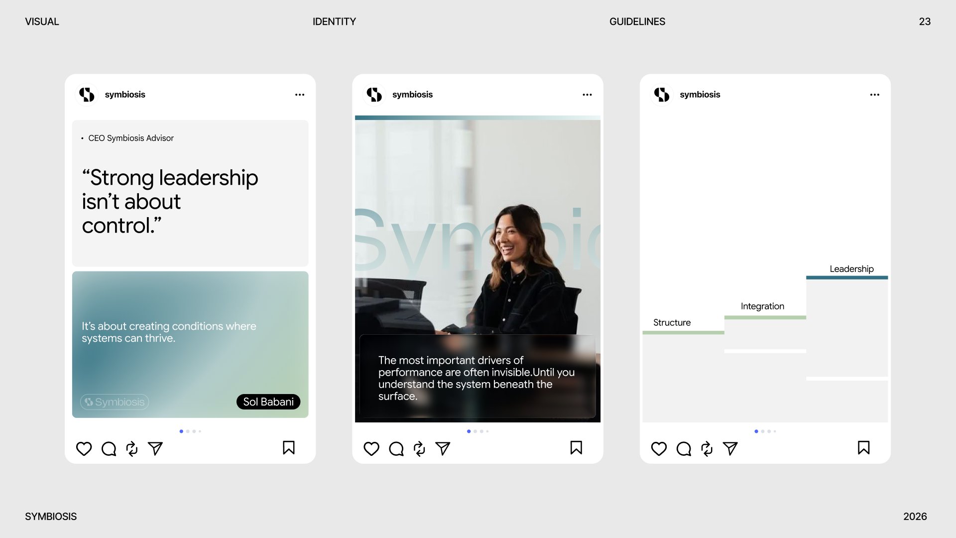 Symbiosis Advisors social feed, quote, portrait, and diagram posts