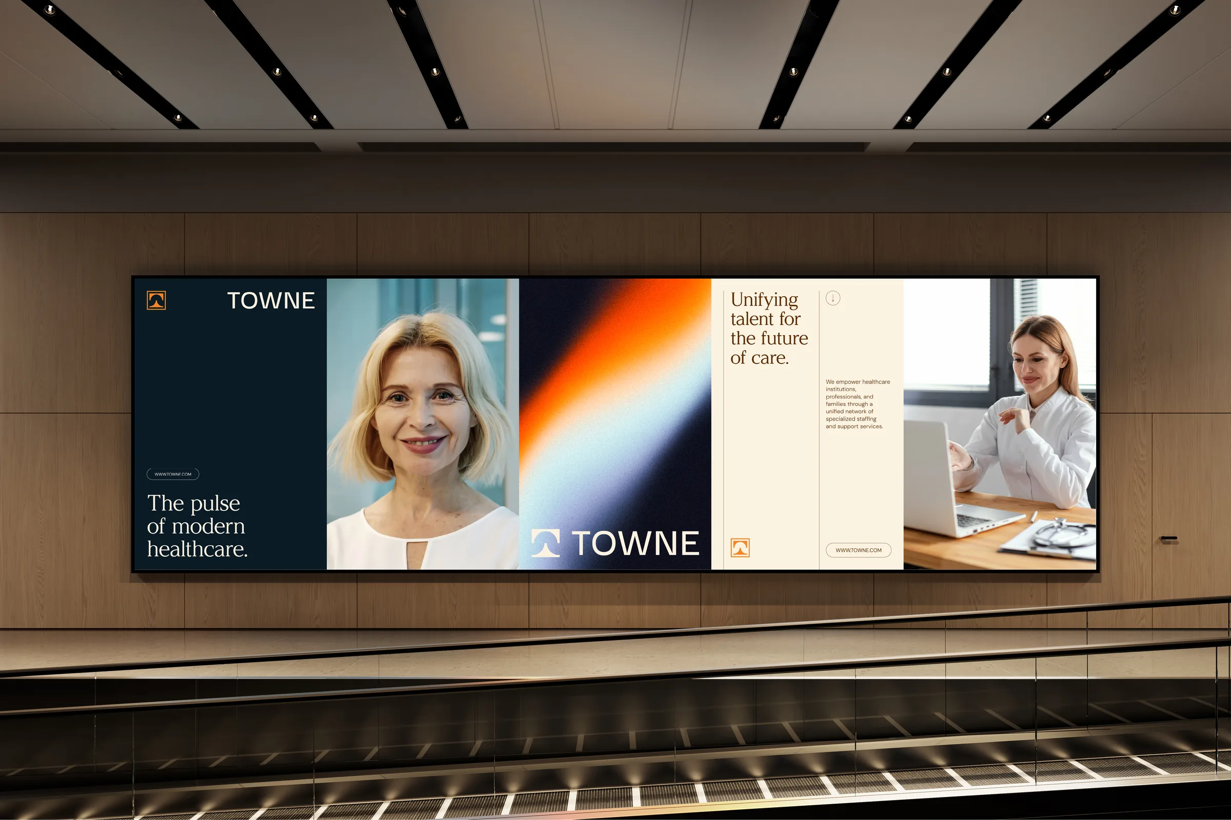 Towne Group digital wall display reading The pulse of modern healthcare and Unifying talent for the future of care
