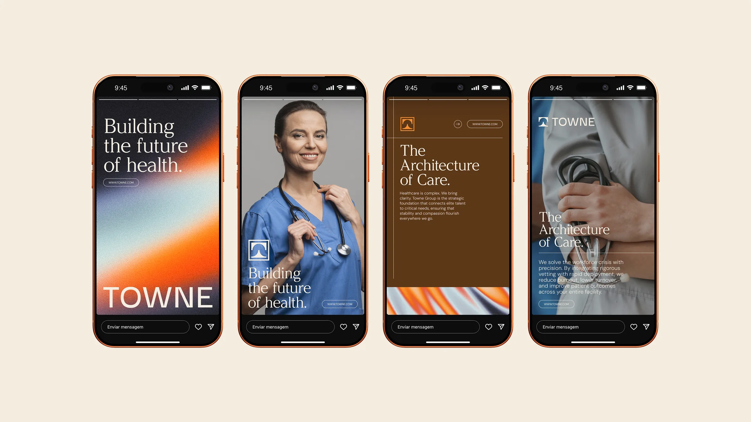 Four phones showing Towne Group social posts, including Building the future of health and The Architecture of Care