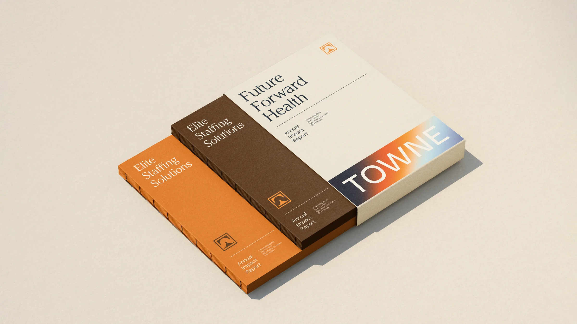 Stacked Towne Group annual impact reports in orange, brown, and cream, titled Future Forward Health and Elite Staffing Solutions