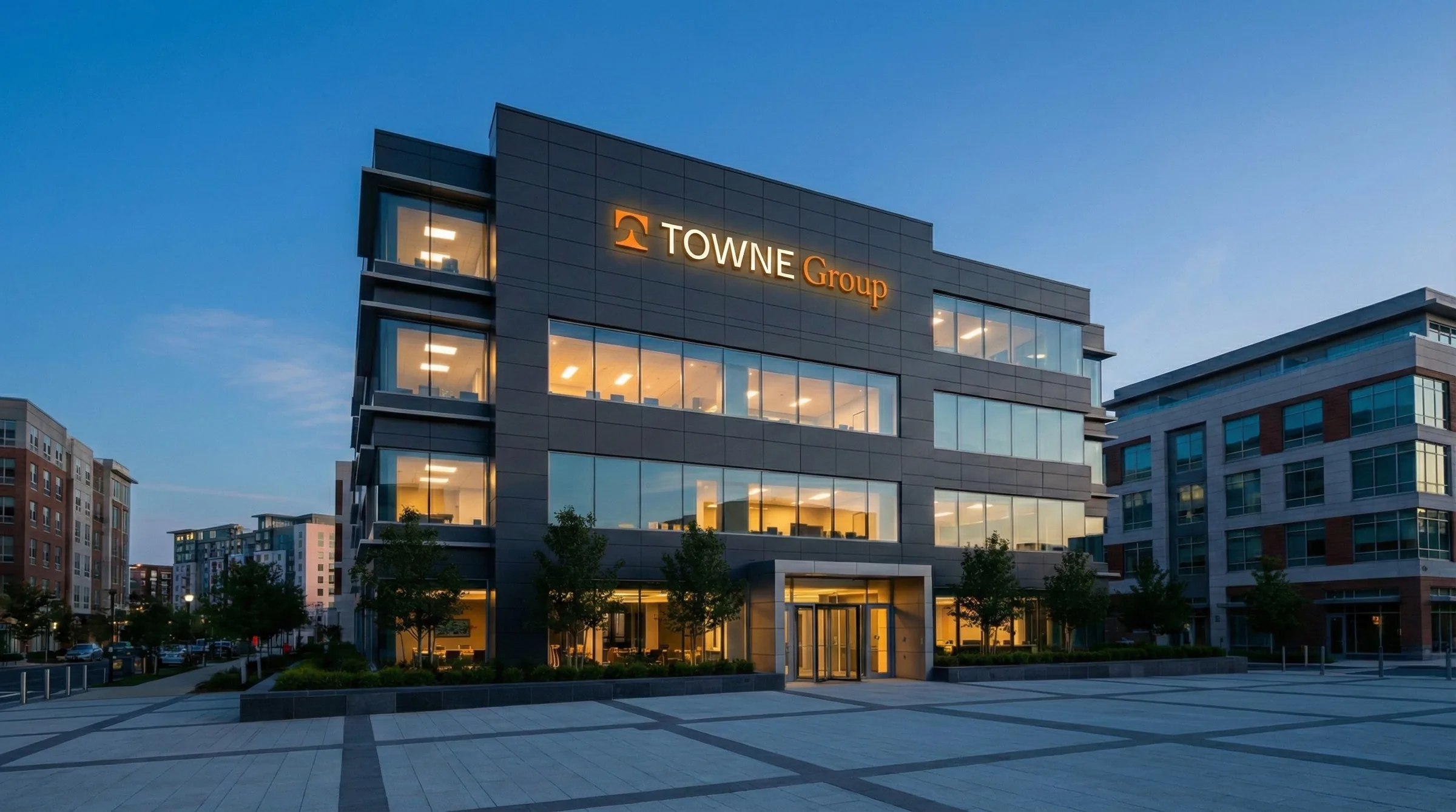 Towne Group office building at dusk with the illuminated wordmark on the facade