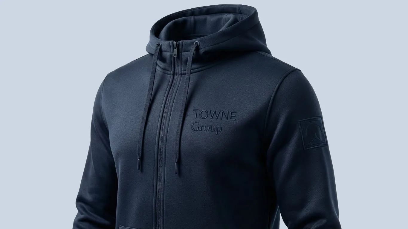 Navy Towne Group zip hoodie with tonal embroidery and a logo patch on the sleeve