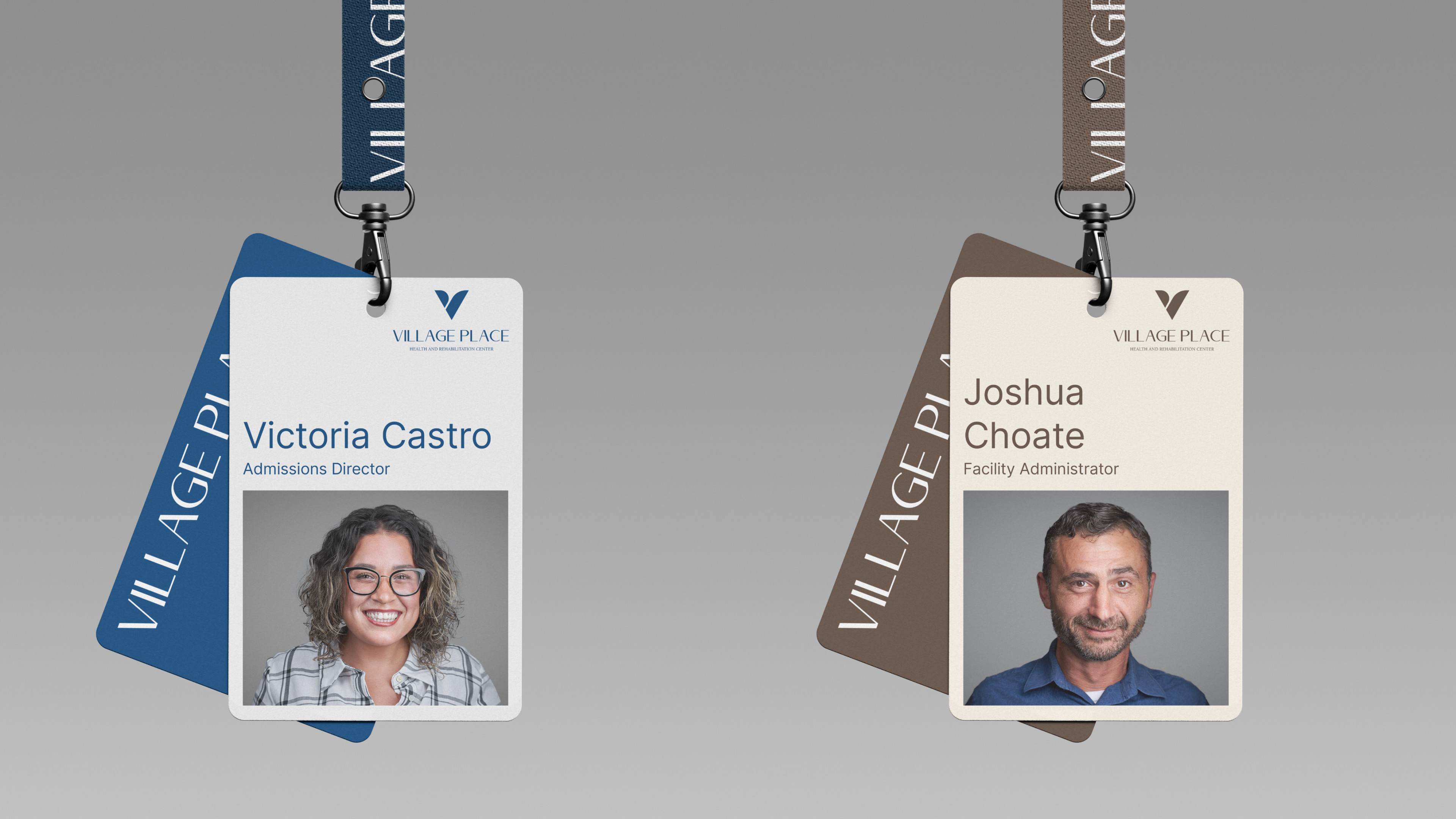 Village Place staff badges, Victoria Castro, Admissions Director, and Joshua Choate, Facility Administrator