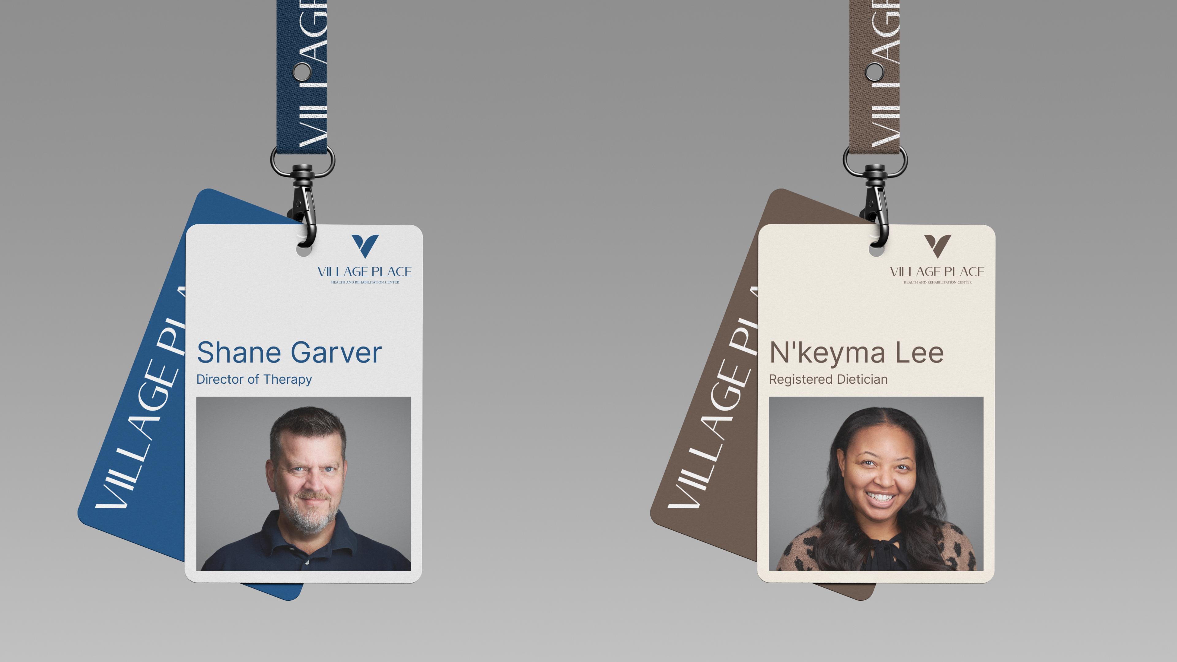 Village Place staff badges, Shane Garver, Director of Therapy, and N'keyma Lee, Registered Dietician