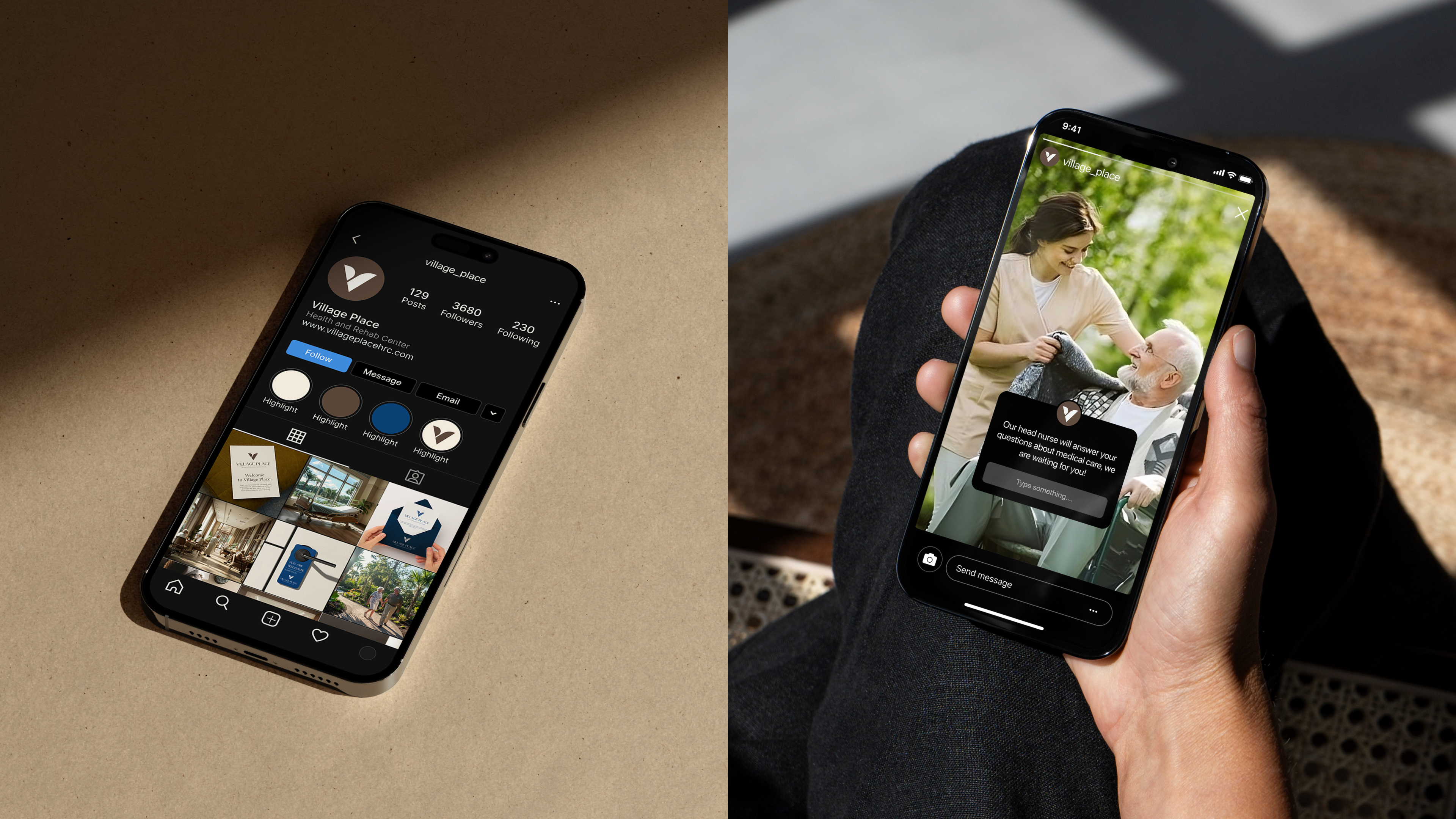 Village Place Instagram presence on iPhone, profile grid with 3,680 followers and DM conversation with families