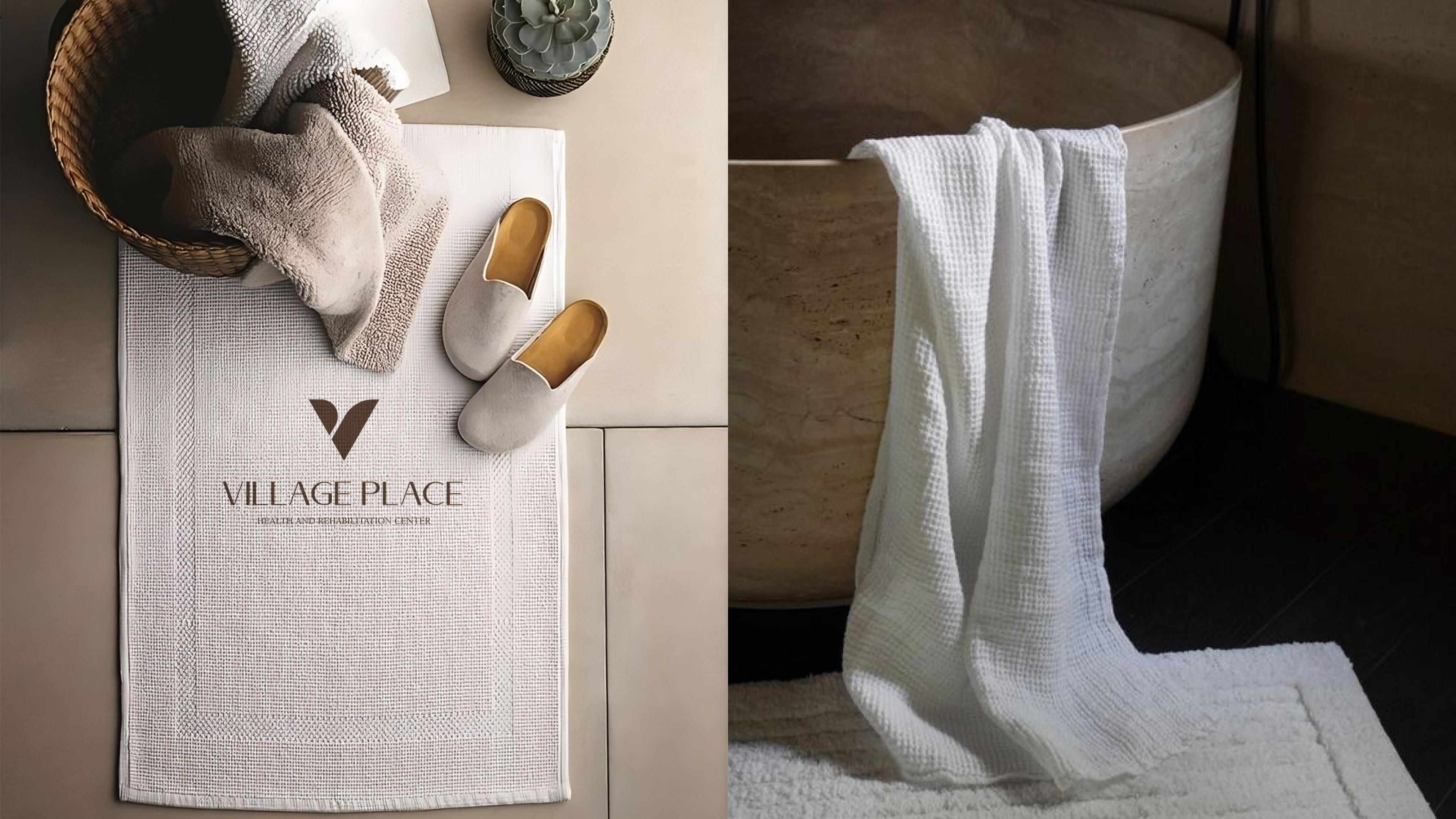 Village Place branded bath mat with slippers and waffle towel set