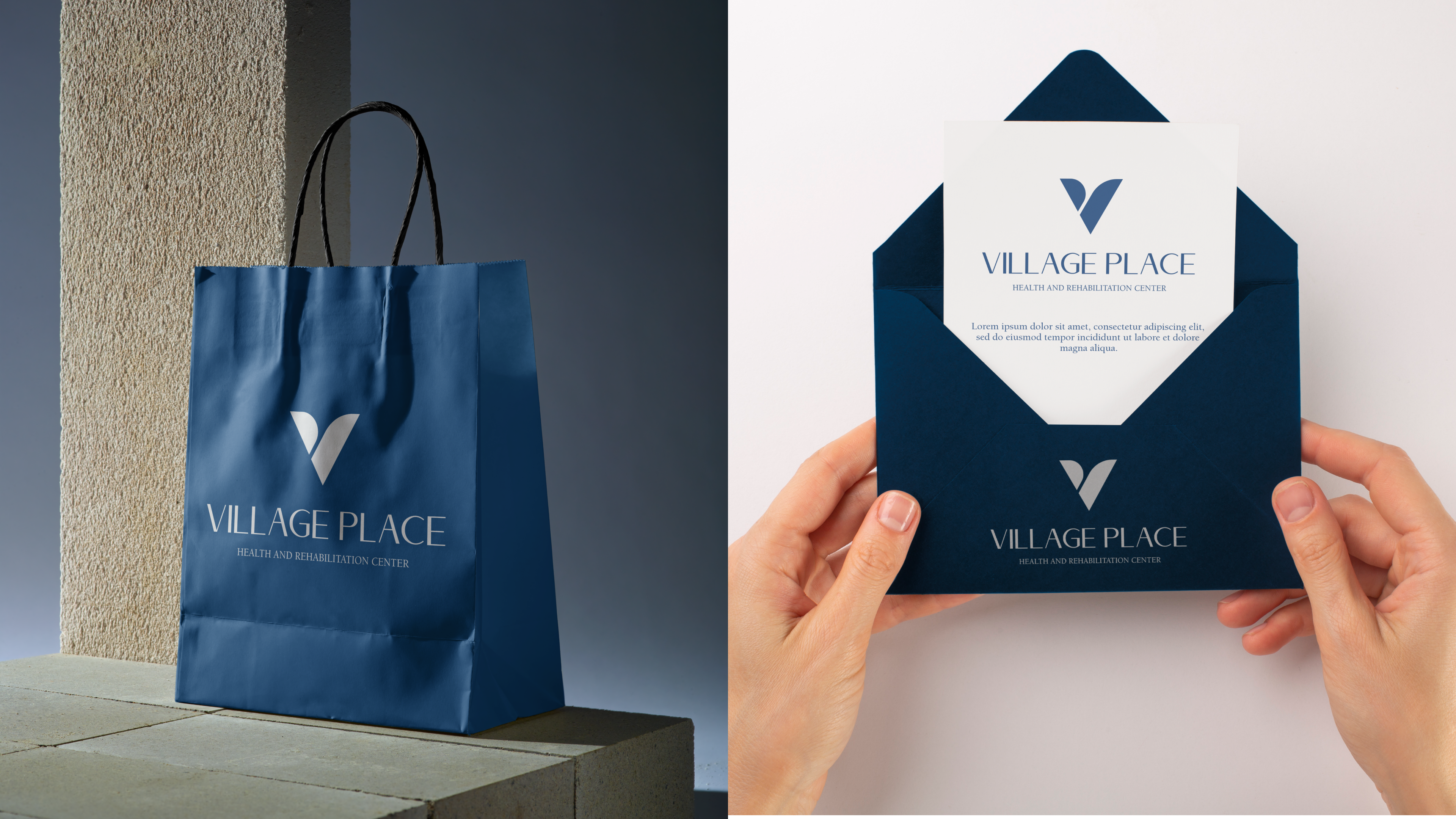 Village Place navy gift bag and envelope with letterhead set