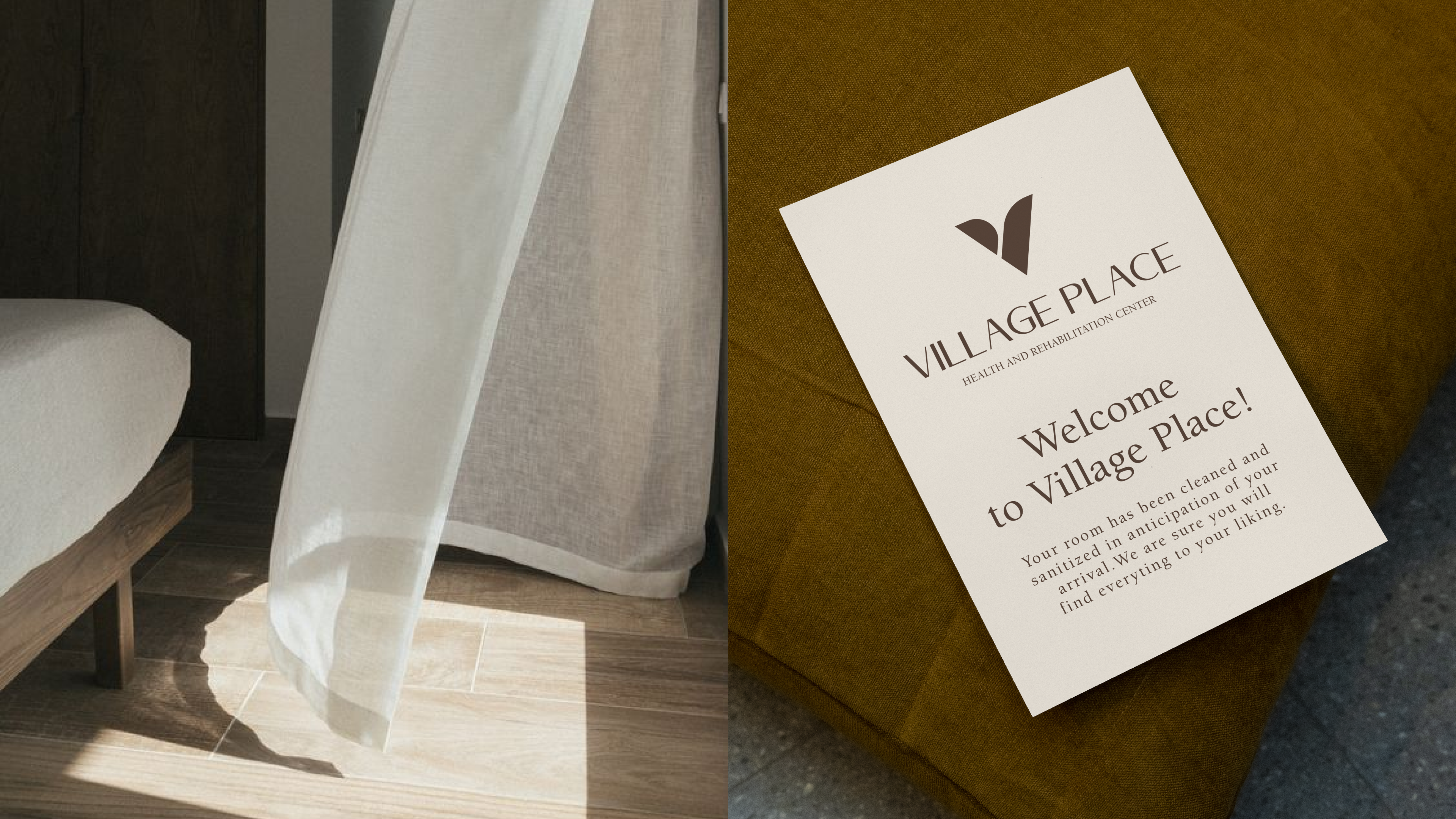 Village Place welcome card on mustard upholstery, the room sanitization note new residents find on arrival