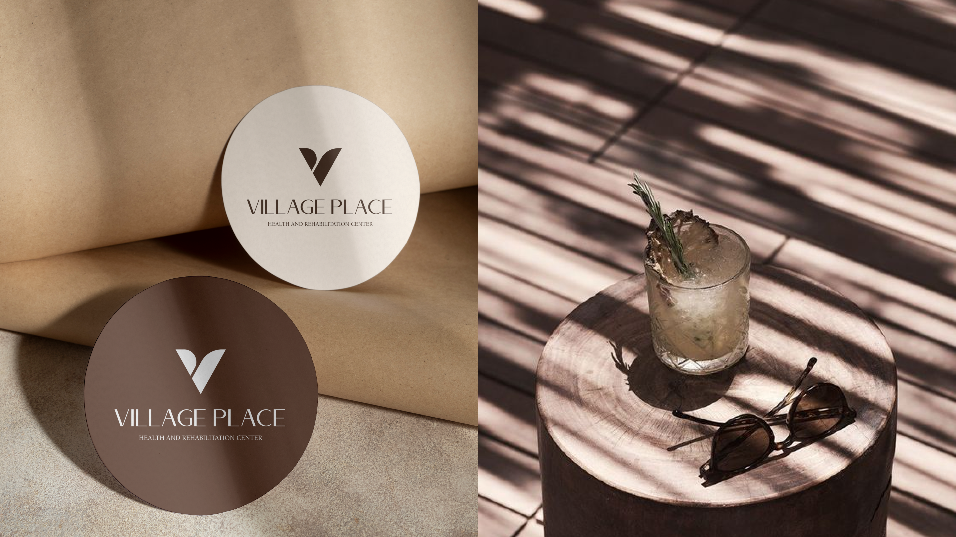 Village Place round coasters in cream and brown brand colors