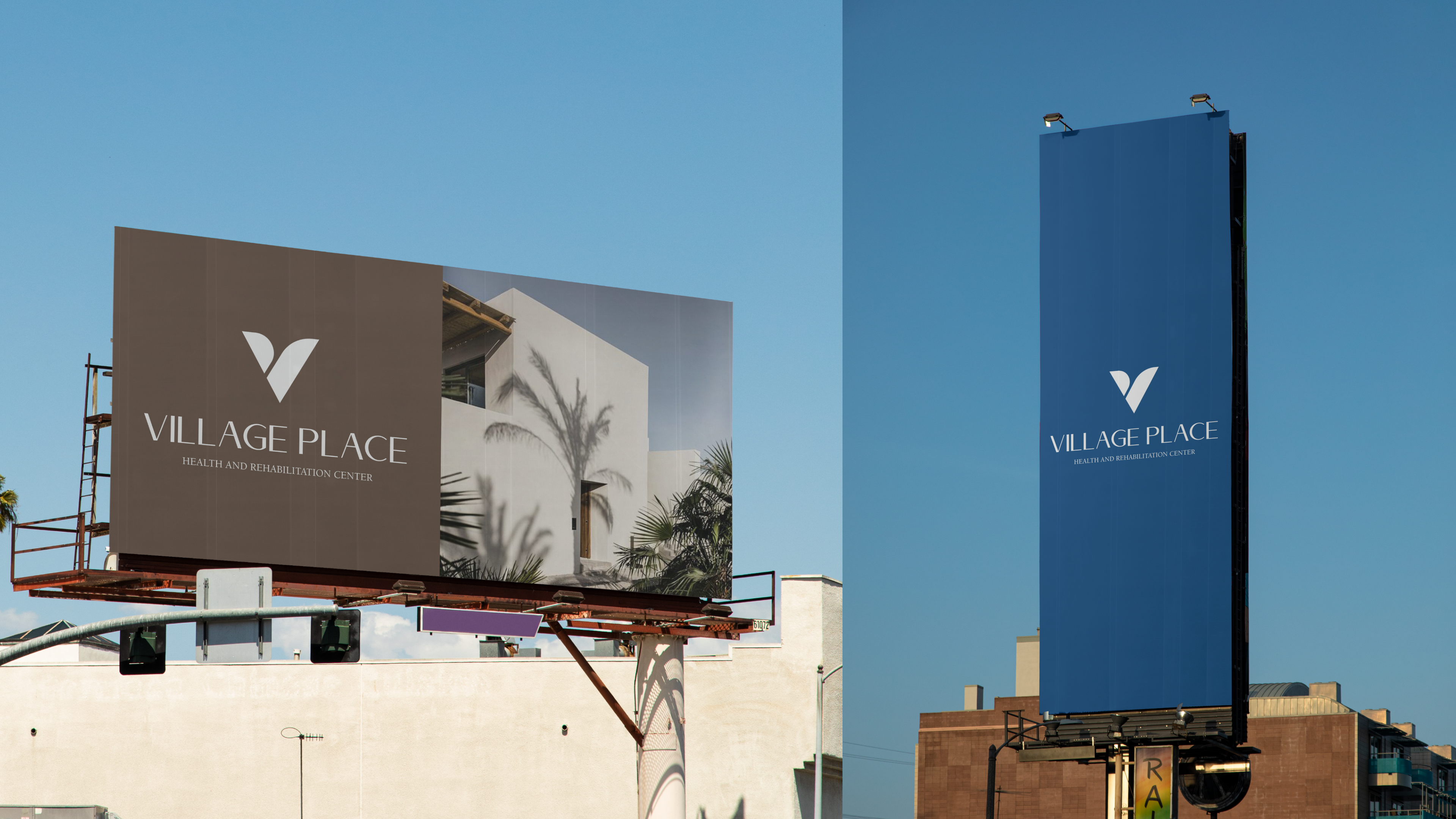 Village Place billboards, brown horizontal billboard and tall blue vertical street banner