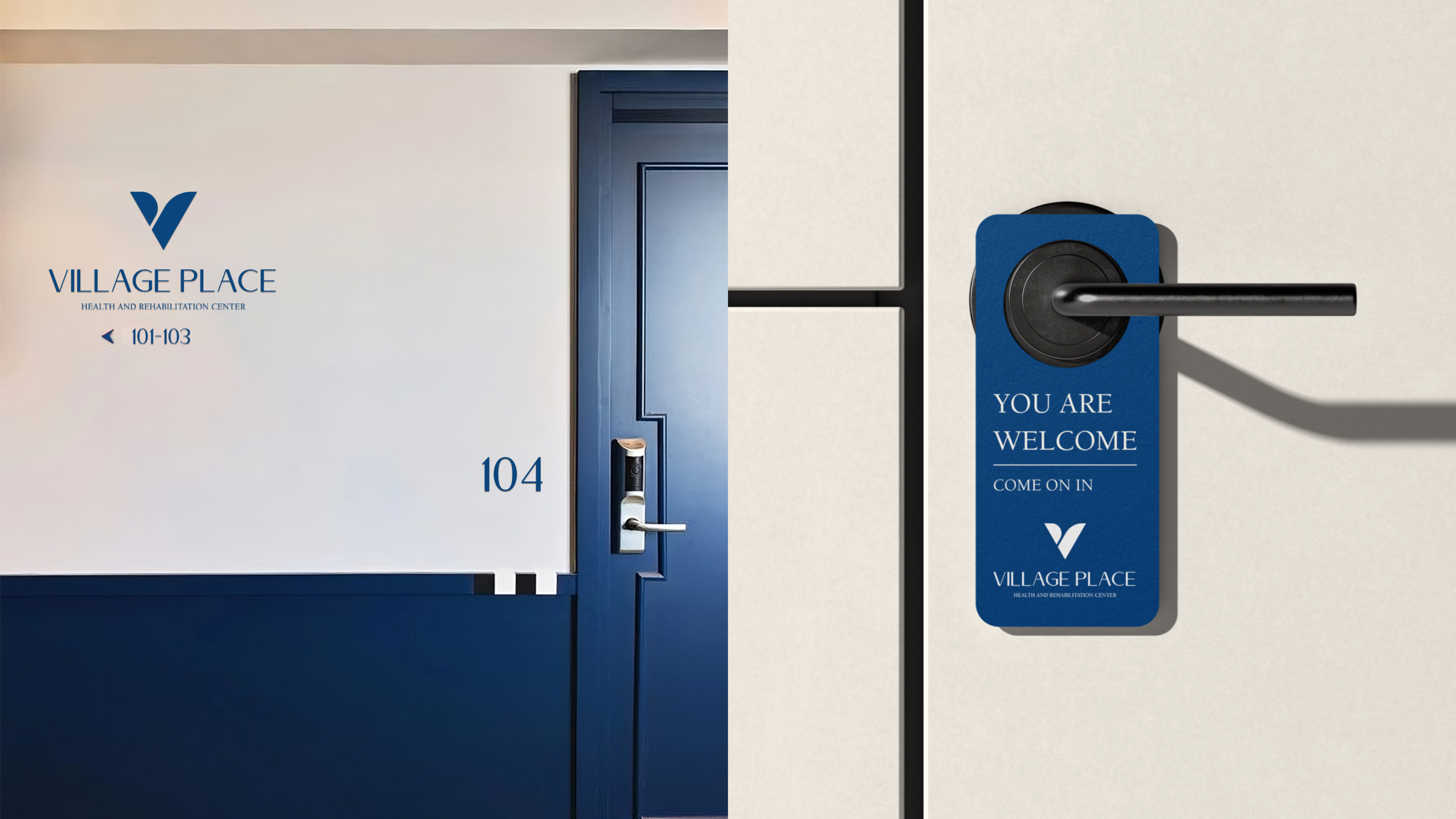 Village Place resident door signage, room 104 with wing identifier and 'You Are Welcome' door hanger