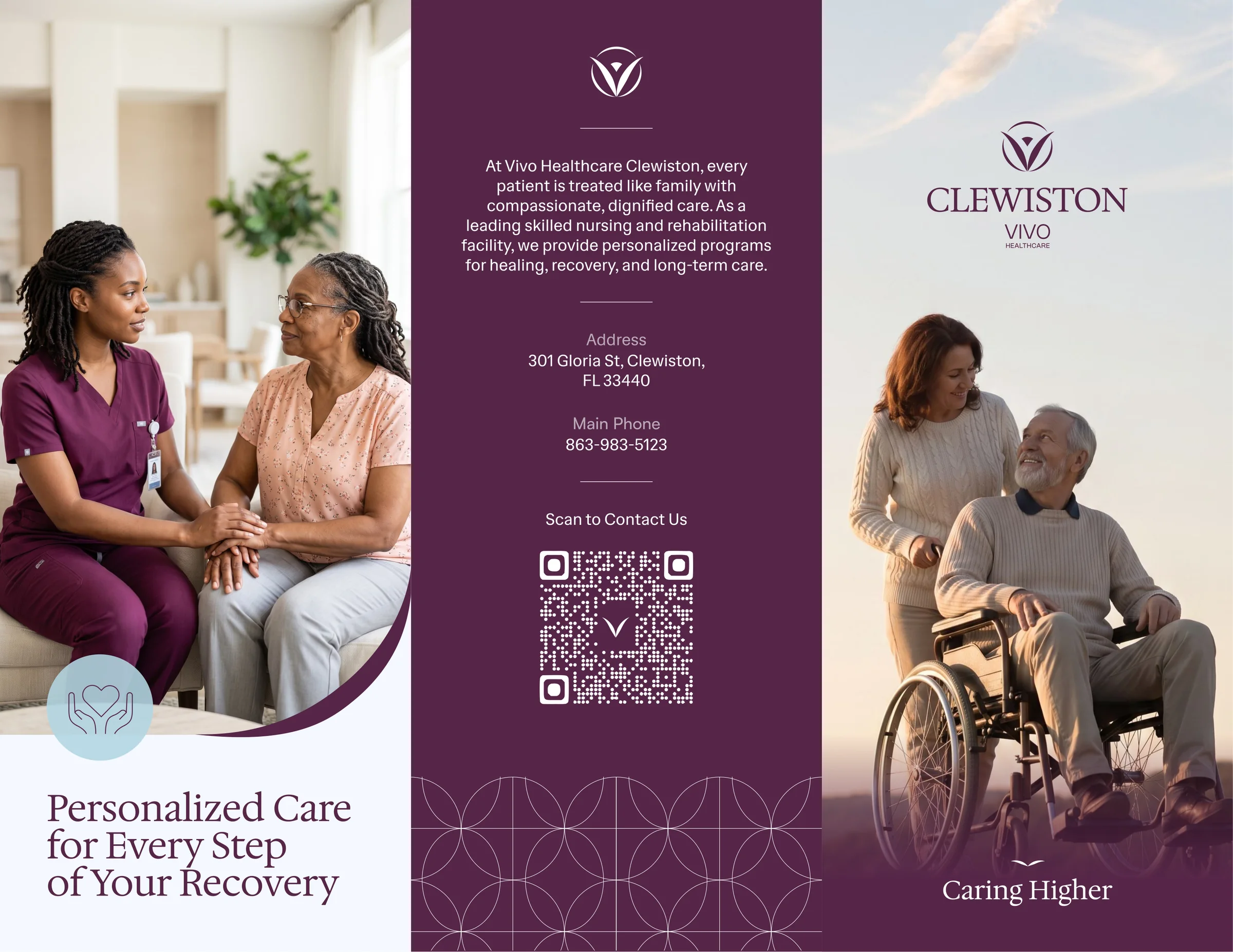 Vivo Healthcare Clewiston trifold brochure, outside spread, reading Personalized Care for Every Step of Your Recovery