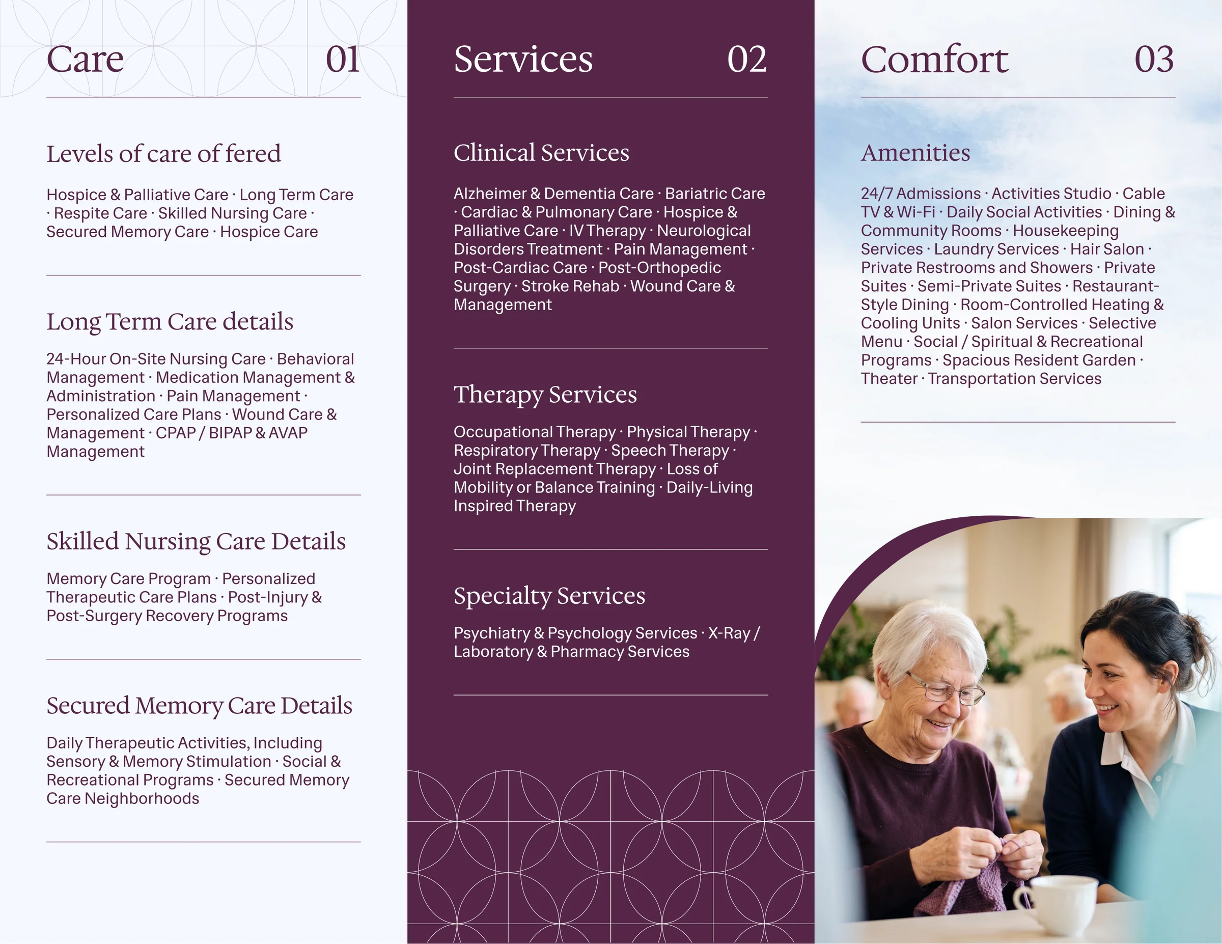 Vivo Healthcare trifold brochure, inside spread with Care, Services, and Comfort panels