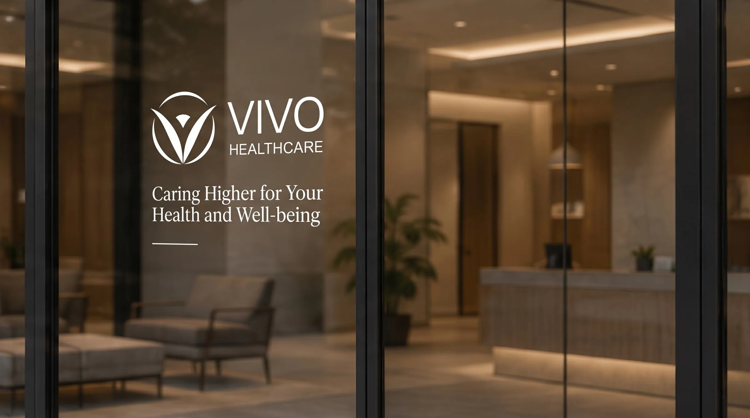 Vivo Healthcare logo and the line Caring Higher for Your Health and Well-being on a glass lobby door at dusk