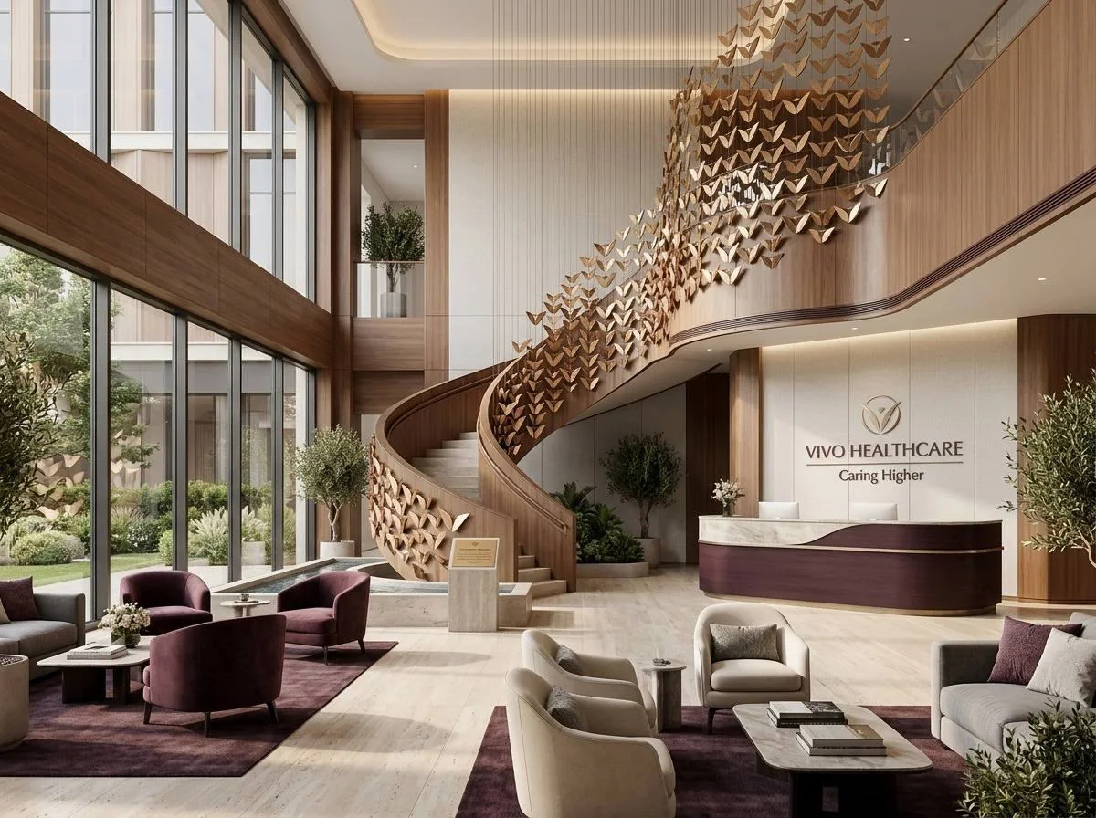 A Vivo Healthcare lobby with a sculpted wood ceiling, purple seating, and the wordmark and Caring Higher behind reception