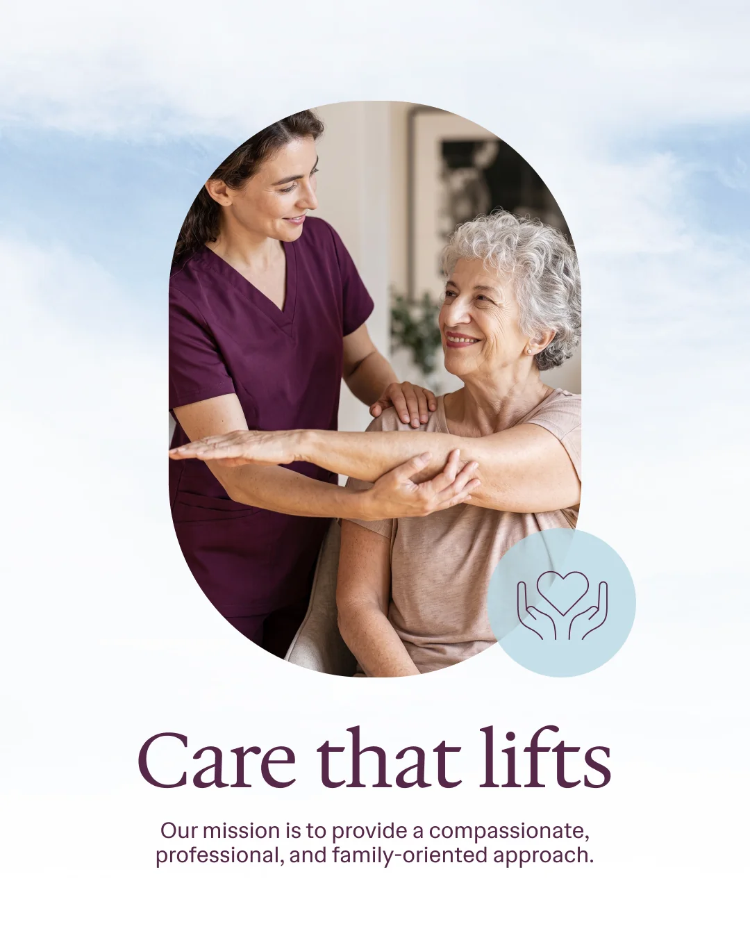 Vivo Healthcare social post reading Care that lifts, a caregiver helping a resident stretch
