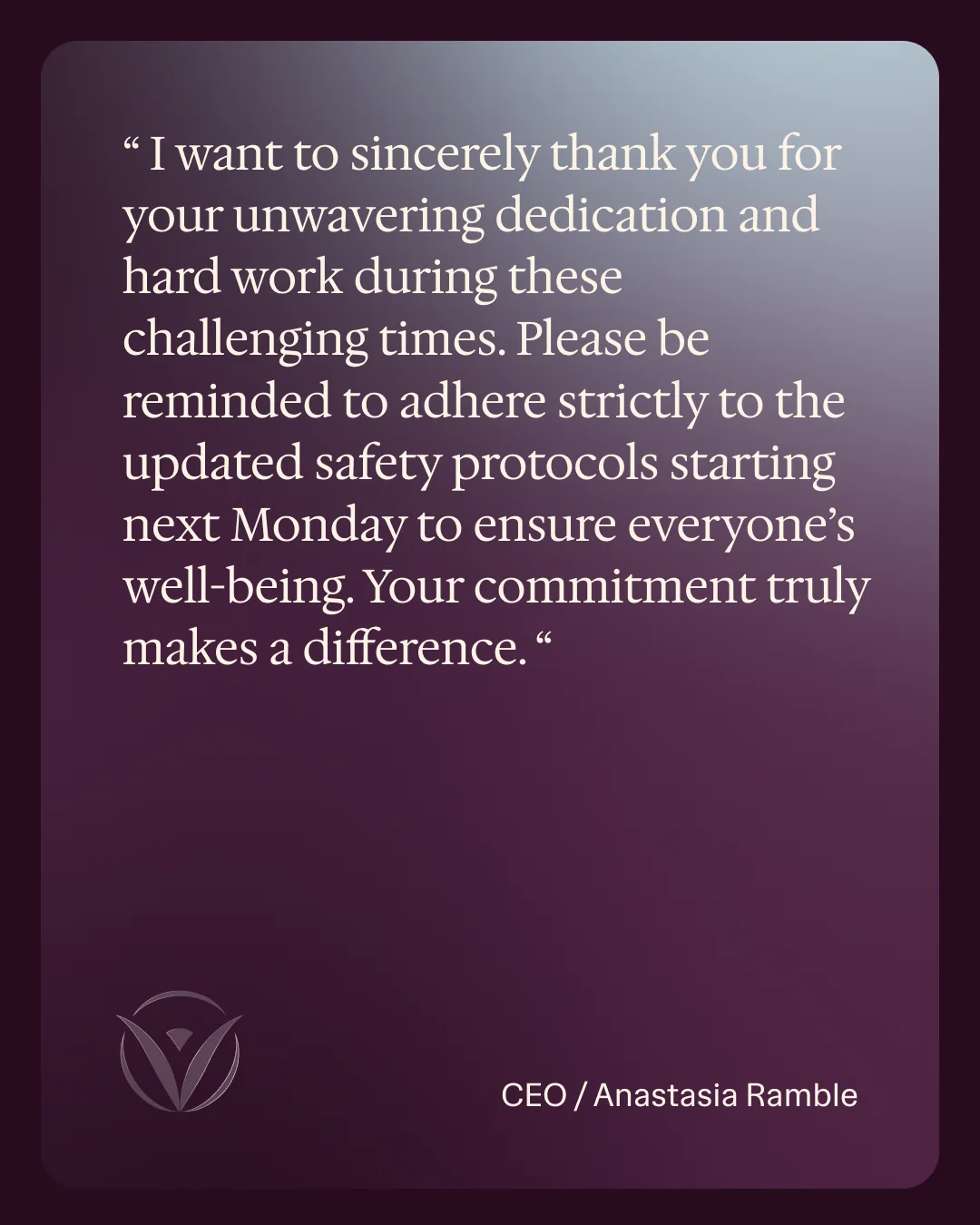Vivo Healthcare social post with a leadership message on a purple gradient card