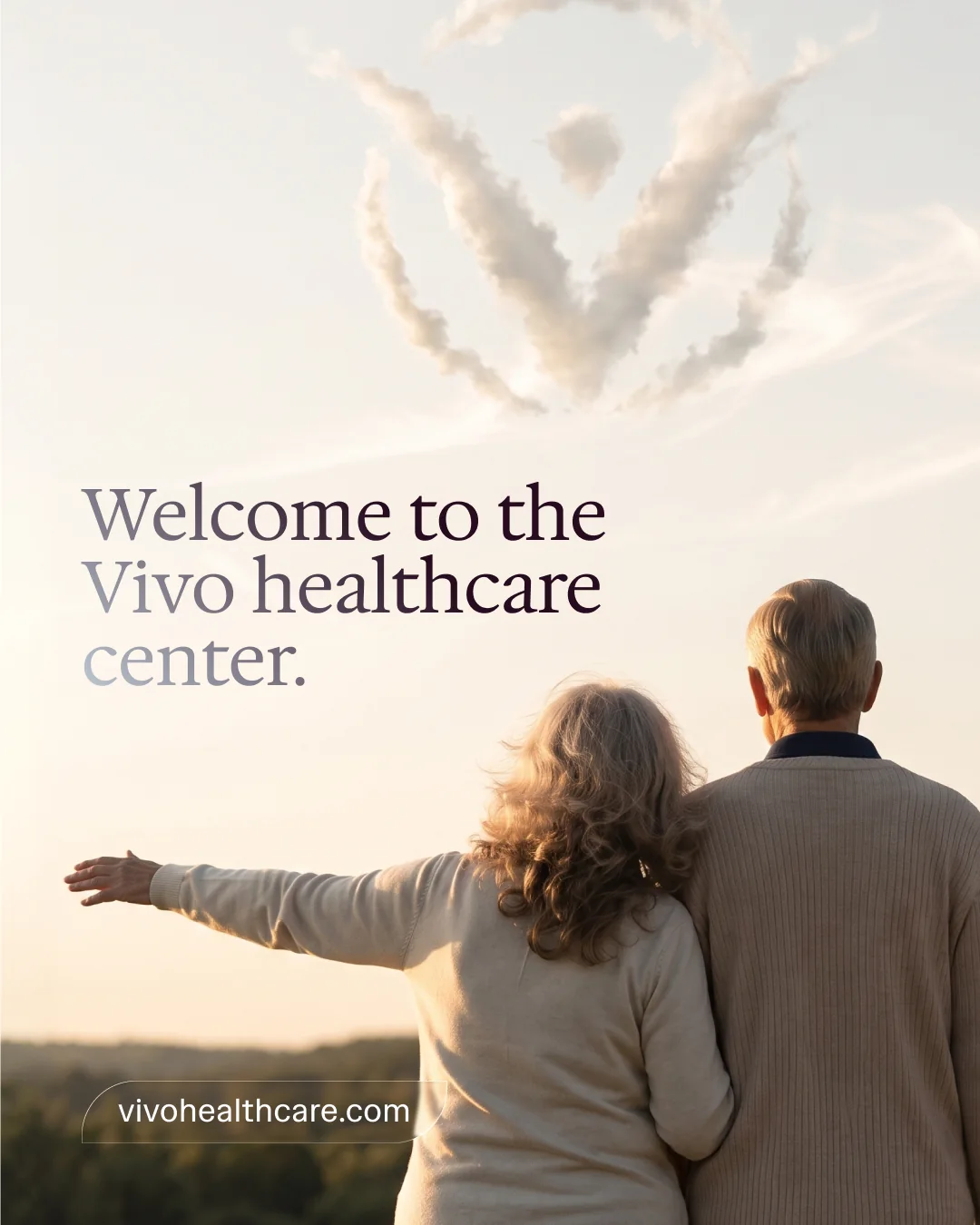 Vivo Healthcare social post reading Welcome to the Vivo healthcare center, a couple watching the Vivo mark in the clouds
