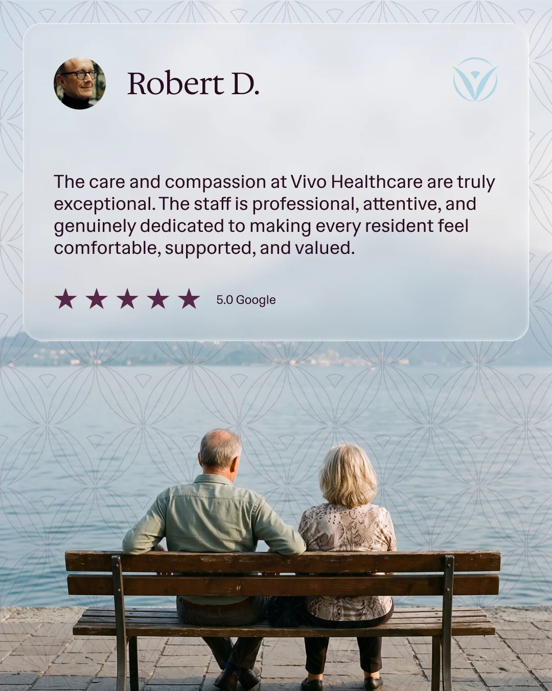 Vivo Healthcare social post with a five-star Google review over a lakeside photo