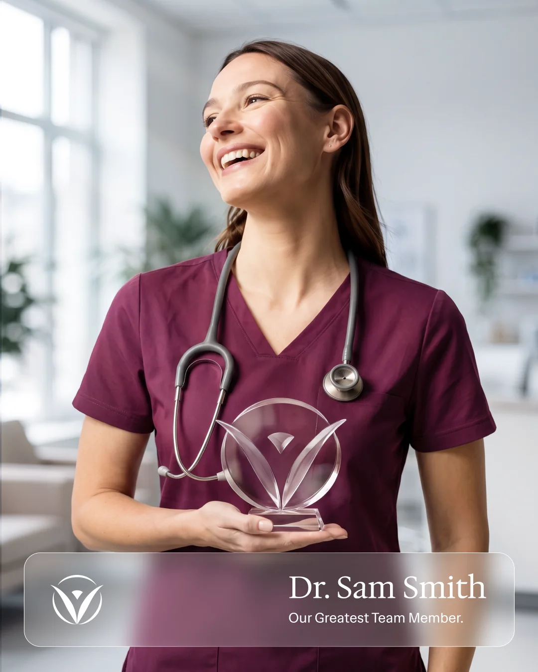 Vivo Healthcare social post naming a team member of the month, holding a glass Vivo award