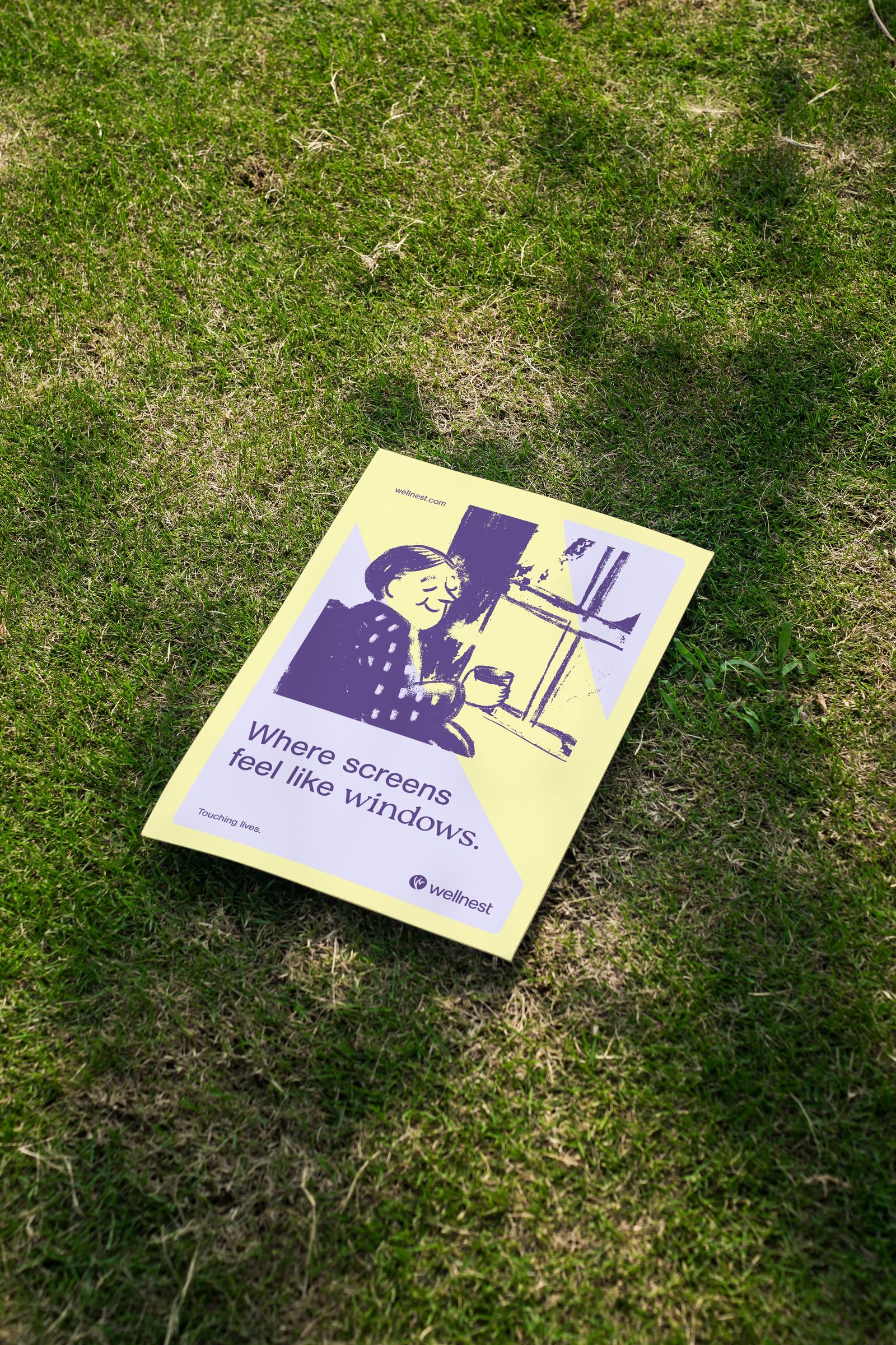 Wellnest 'Where screens feel like windows.' poster, illustration of a woman by a window